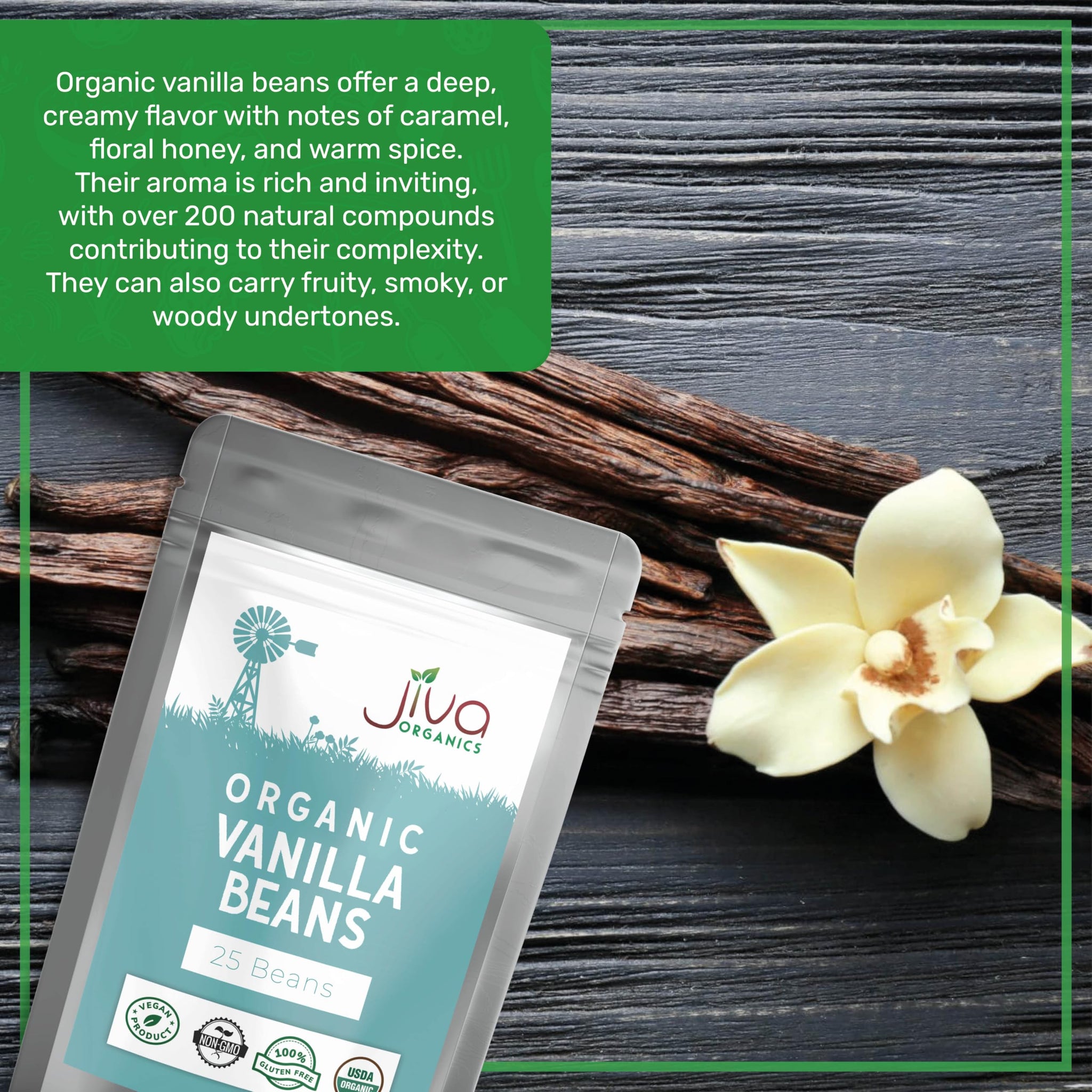 Jiva Organic Vanilla Beans 25 Count Large - Premium Grade A Ceylon Pods from Sri Lanka - Non-GMO, All-Natural, Hand-Cured for Baking, Cooking
