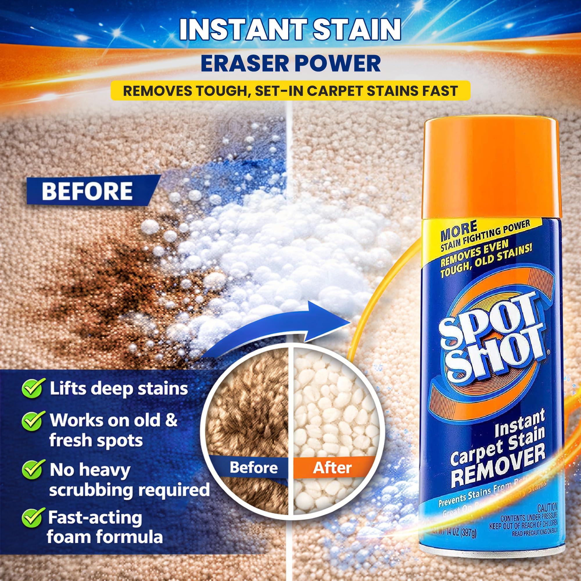 Spot Shot Instant Carpet Stain Remover Aerosol 14 oz - Fast Spray-and-Blot Carpet Cleaner for Old & New Stains, Helps Remove Pet Odors, Coffee, Wine