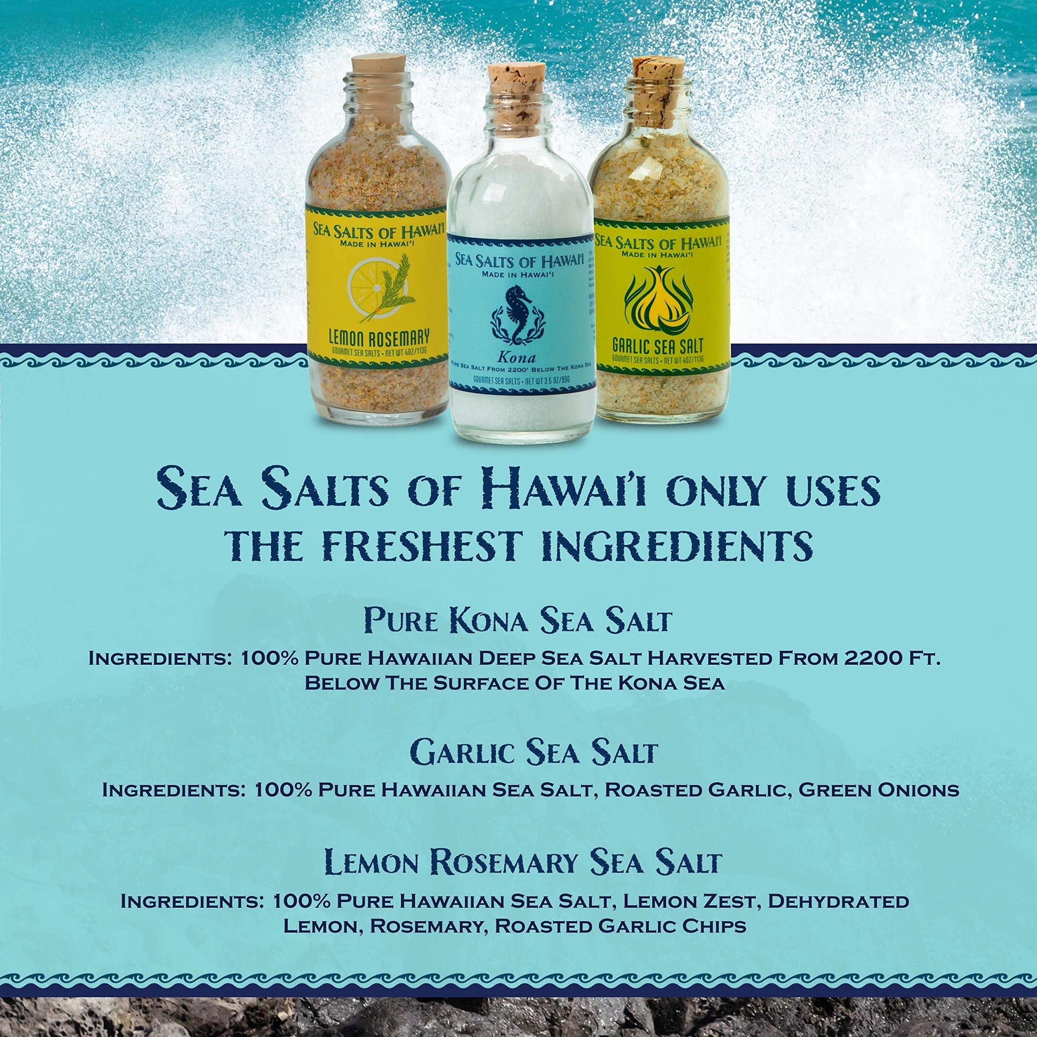 Sea Salts of Hawaii Variety 3 Pack, Pure Kona Hawaiian Salt, Roasted Garlic Salt, Lemon Rosemary Flavored Hawaiian Sea Salt