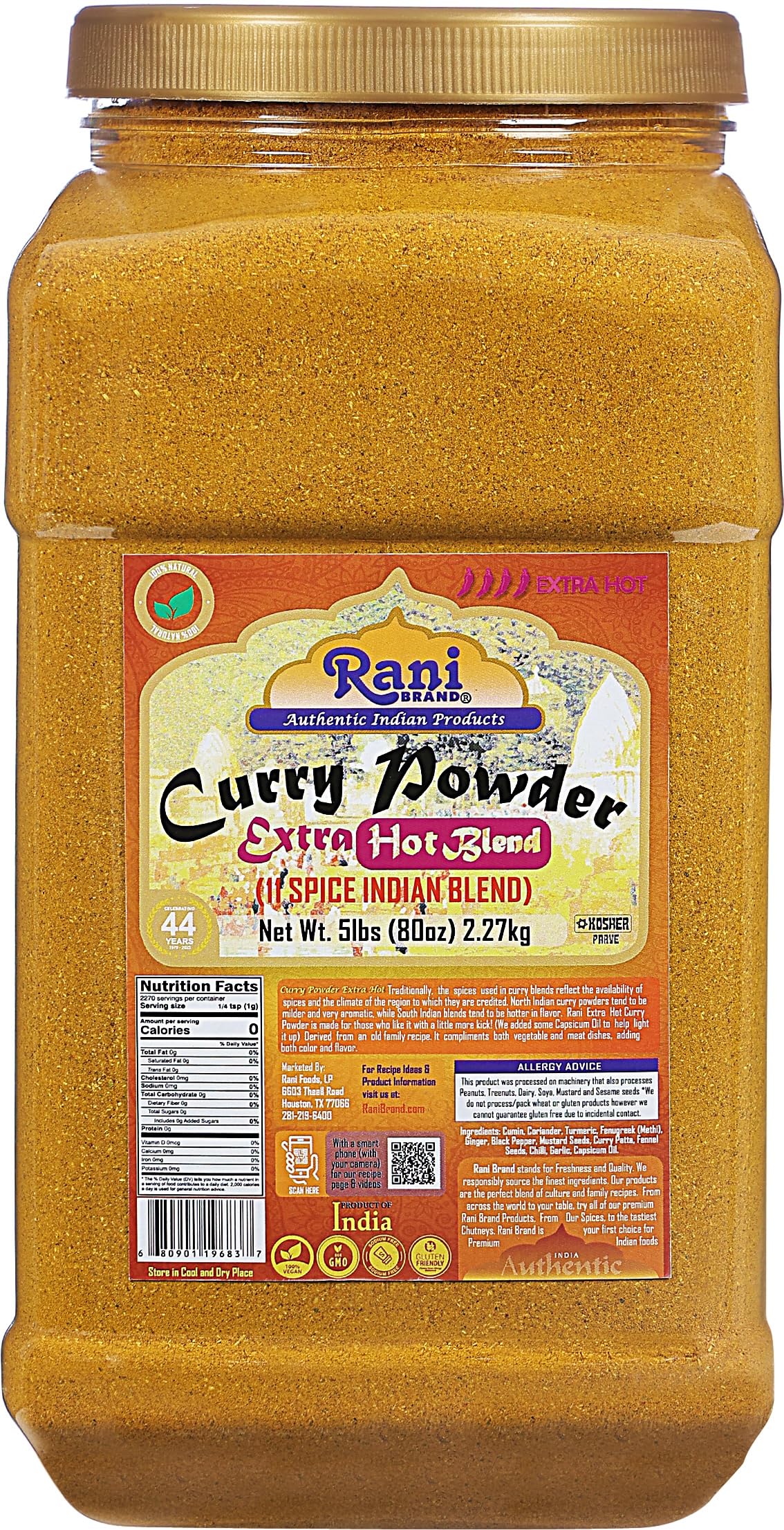 Rani Curry Powder EXTRA HOT (11-Spice Authentic Indian Blend) 80oz (5lbs) 2.27kg Bulk PET Jar ~ All Natural | Salt-Free | Vegan | No Colors | Gluten