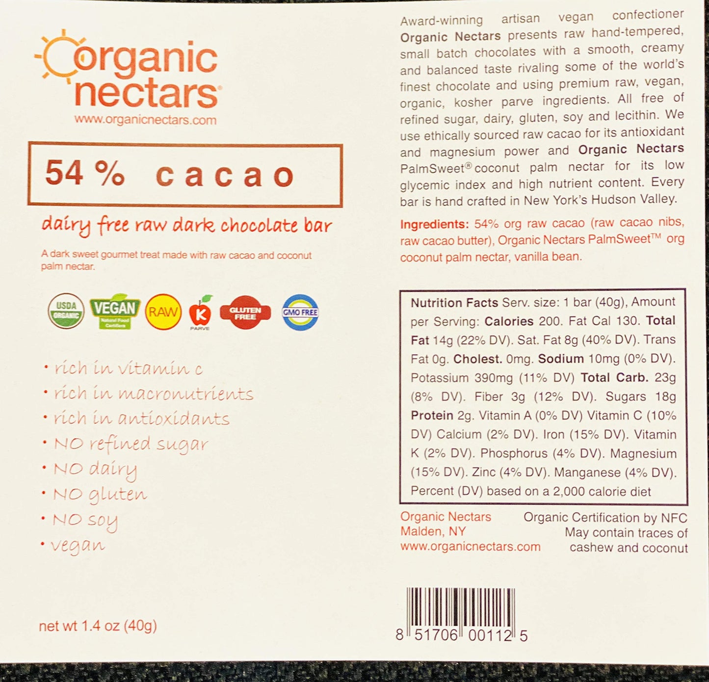 Organic Nectars Raw Chocolate Bar 54% Cacao (12 pack of 1.4 oz.)