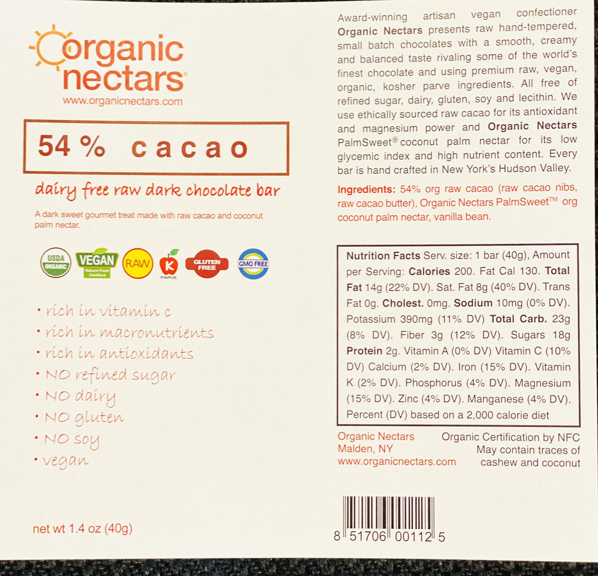 Organic Nectars Raw Chocolate Bar 54% Cacao (12 pack of 1.4 oz.)
