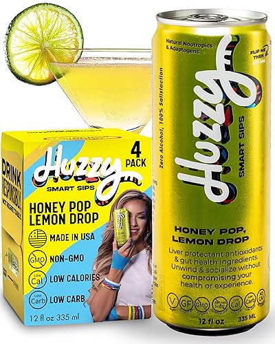 Huzzy Smart Sips Non Alcoholic Drinks - Honey Pop Inspired Beverage, Alcohol Free Functional Cocktails - Low Calorie, Low Carb, No Refined Sugar, No