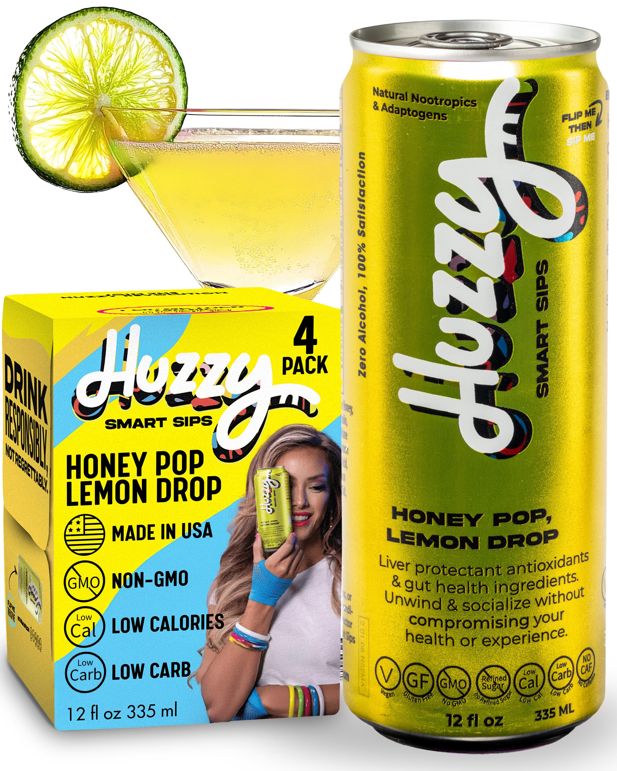 Huzzy Smart Sips Non Alcoholic Drinks - Honey Pop Inspired Beverage, Alcohol Free Functional Cocktails - Low Calorie, Low Carb, No Refined Sugar, No