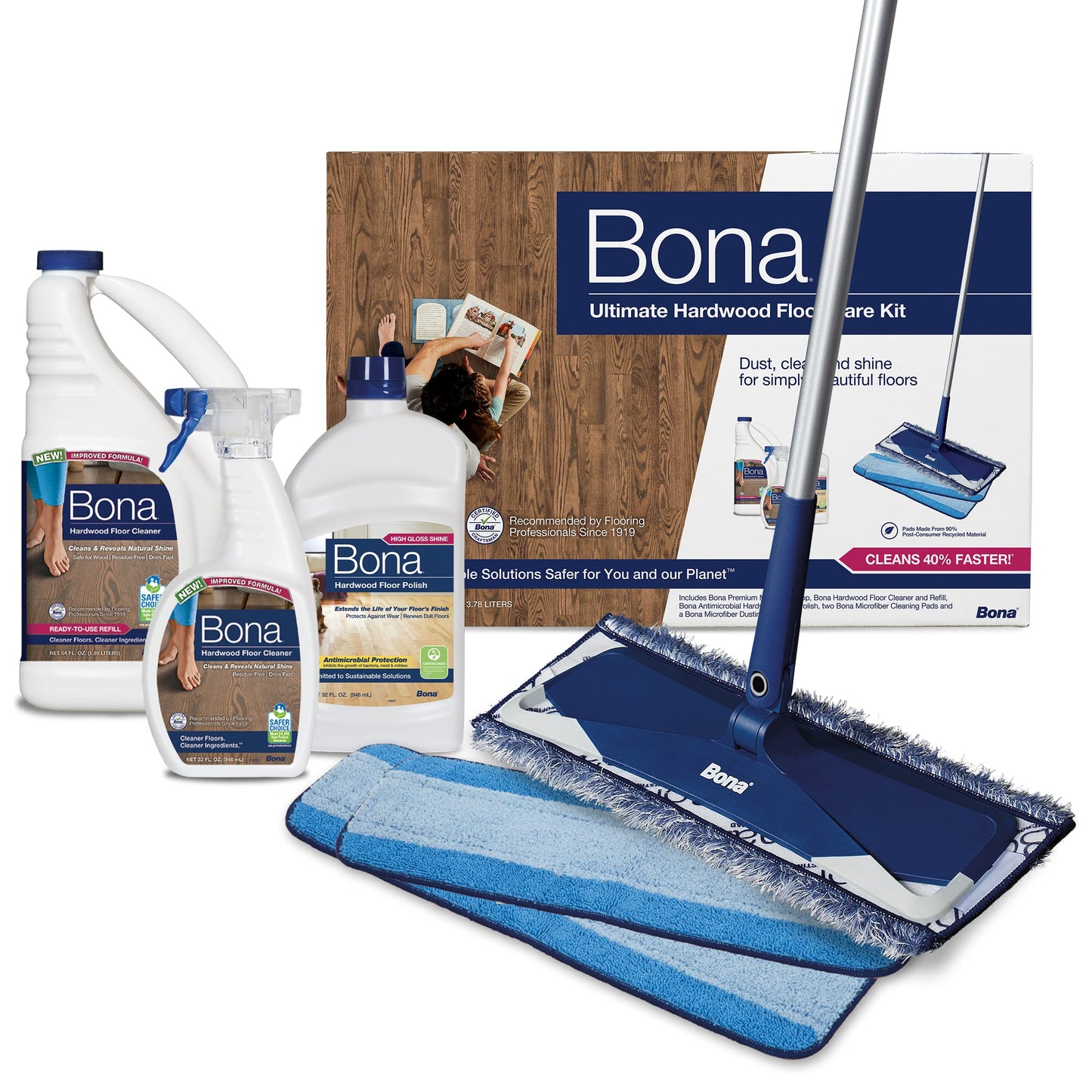 Bona Ultimate Hardwood Floor Care Kit - Pivoting Mop, Cleaning Solution & Refill, Floor Polish, Microfiber Pads for Dusting, Mopping & Polishing