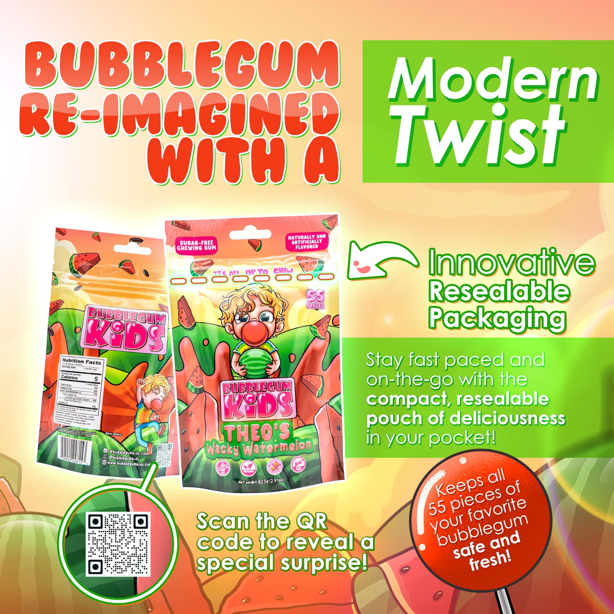 Bubblegum Kids Theo’s Wacky Watermelon Sugar Free Gum | Watermelon Flavor, Sugarless Gum with Xylitol | Vegan, Low Calorie Candy for Kids & Adults |
