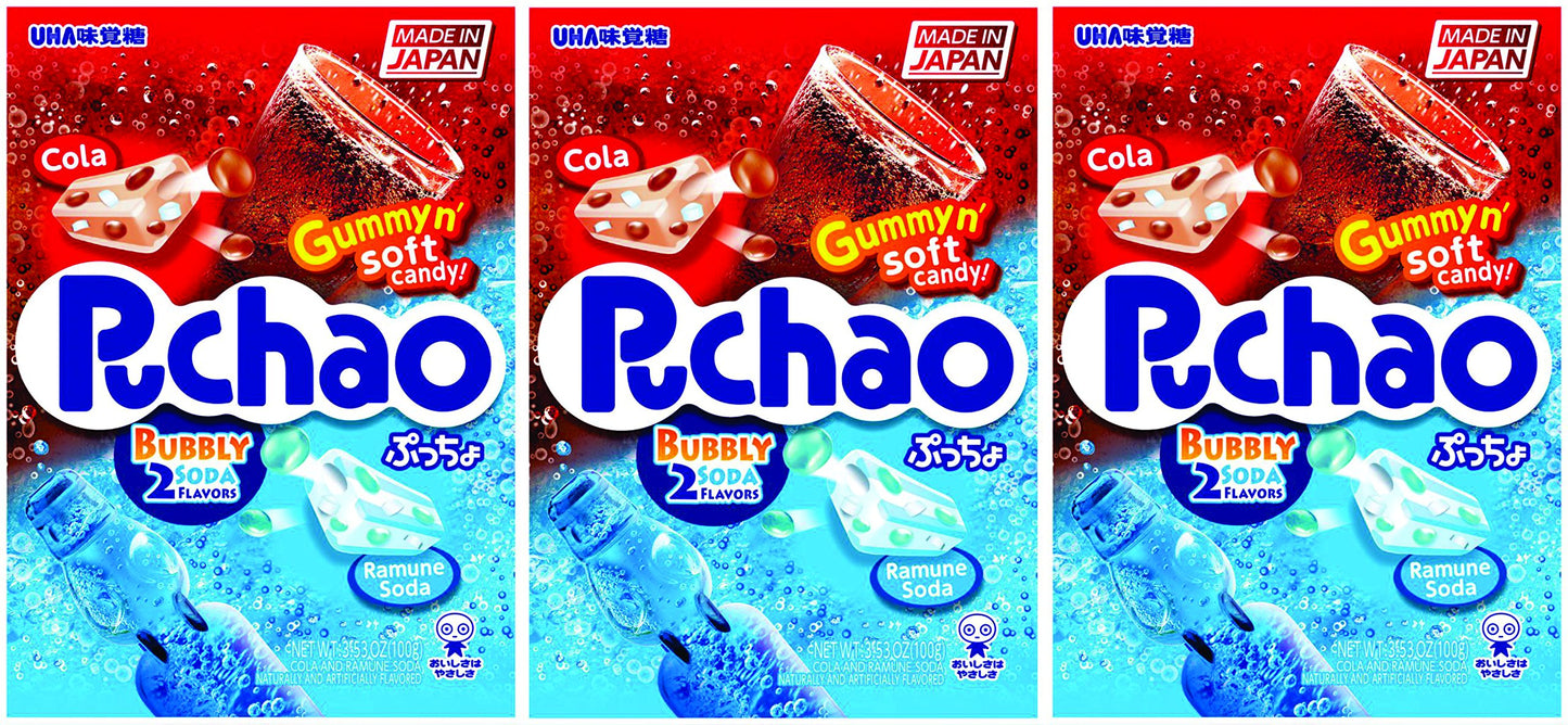 Puchao Gummy n' Soft Candy, Cola and Ramune Soda Flavors, 3.53 oz, Pack of 3