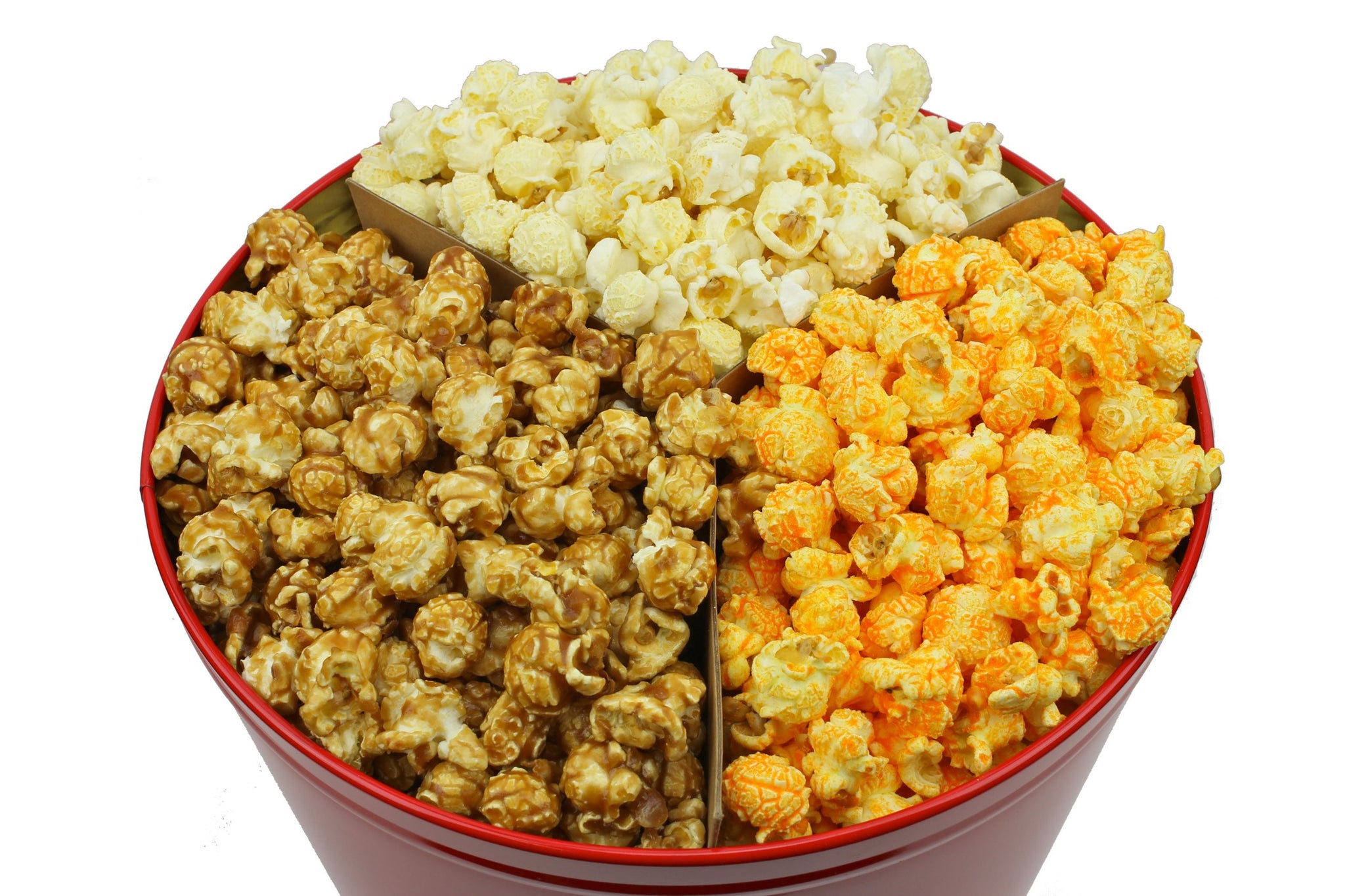 Signature Popcorn - 2-Gallon Solid Red Holiday Reusable Metal Tin - Butter, Caramel & Cheddar Cheese