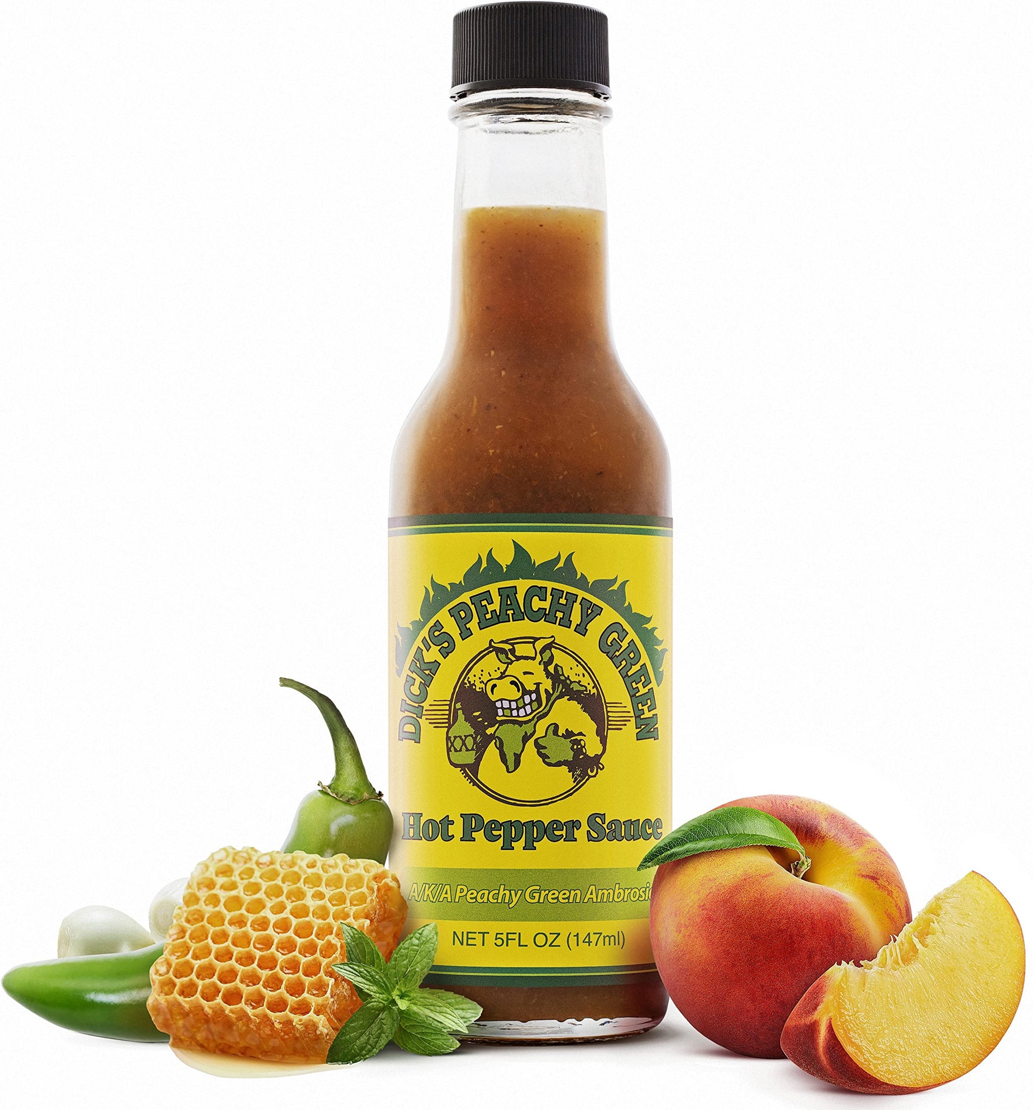 Dirty Dicks Peachy Green Hot Sauce, 5 Fl Oz - A Flavorful Blend of Peppers, Peaches, and Exotic Spices (Pack of 1)