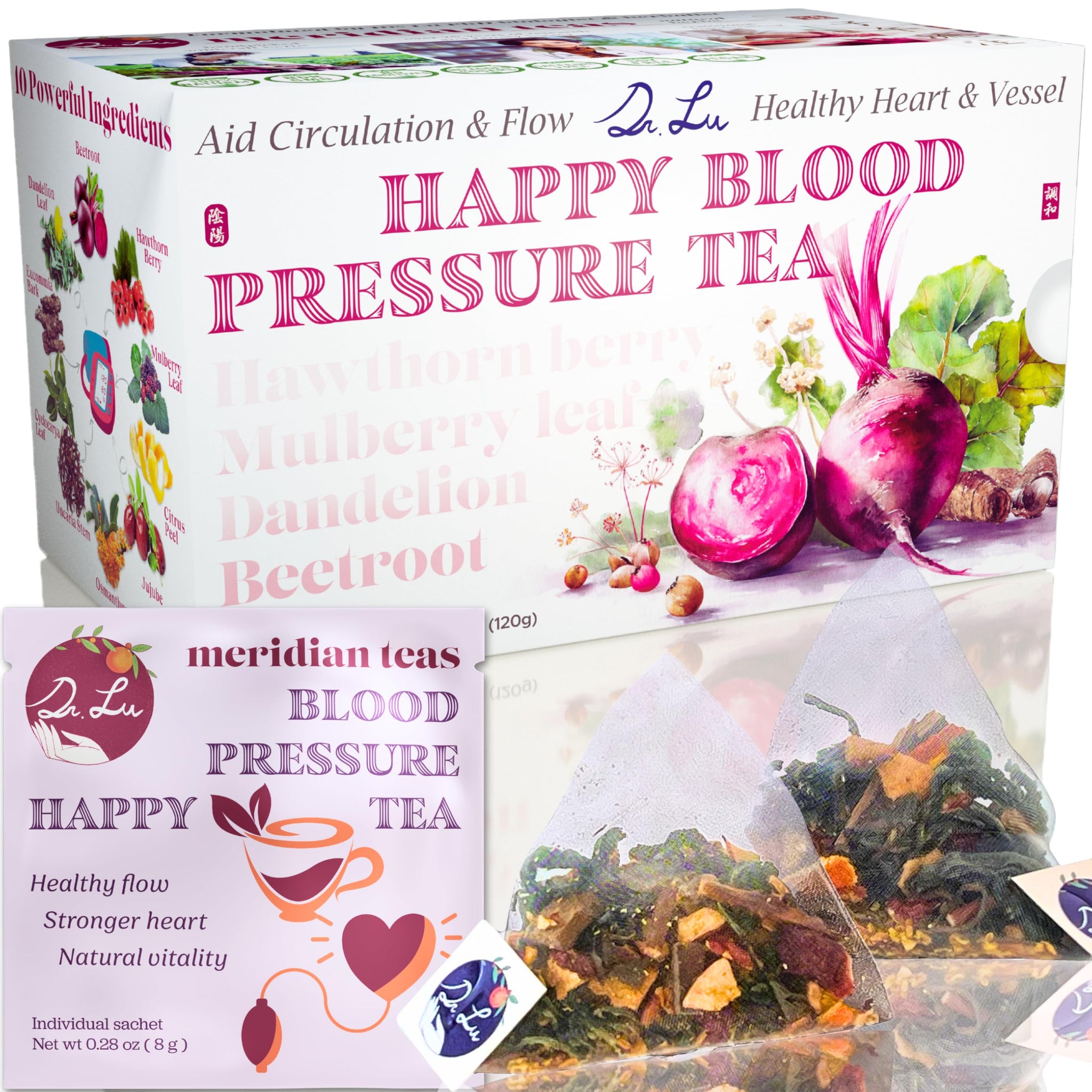 Dr. Lu’s Happy Blood Pressure Tea | 100% Natural Heart Functional Tea for Blood Pressure Support | Beetroot, Hawthorn Berry, Mulberry Leaf, Dandelion