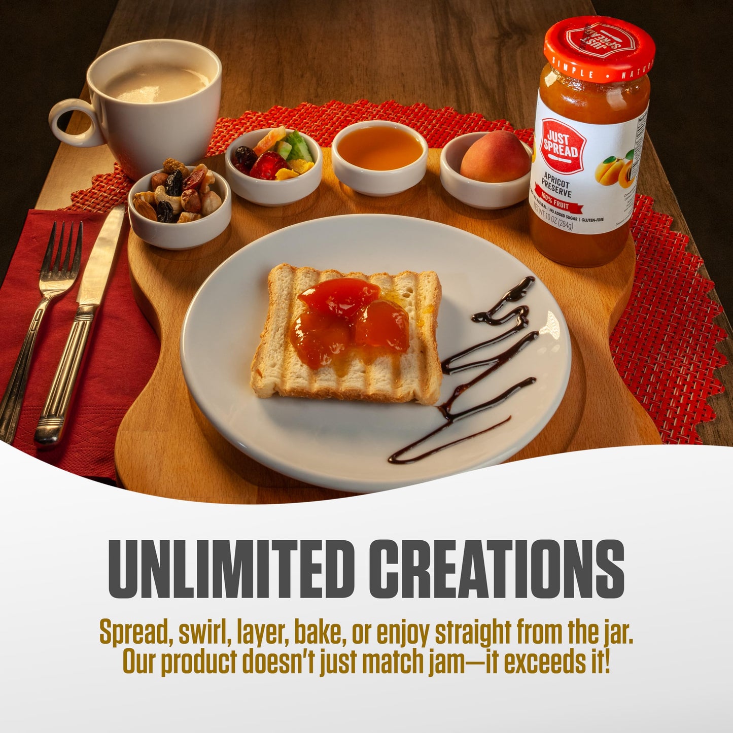 Just Spread 100% Fruit Preserve | Made with Real Fruit Pieces & Only 4 Ingredients | Gluten Free, Vegan, Non GMO, No Added Sugar | 10oz Jar (Apricot)