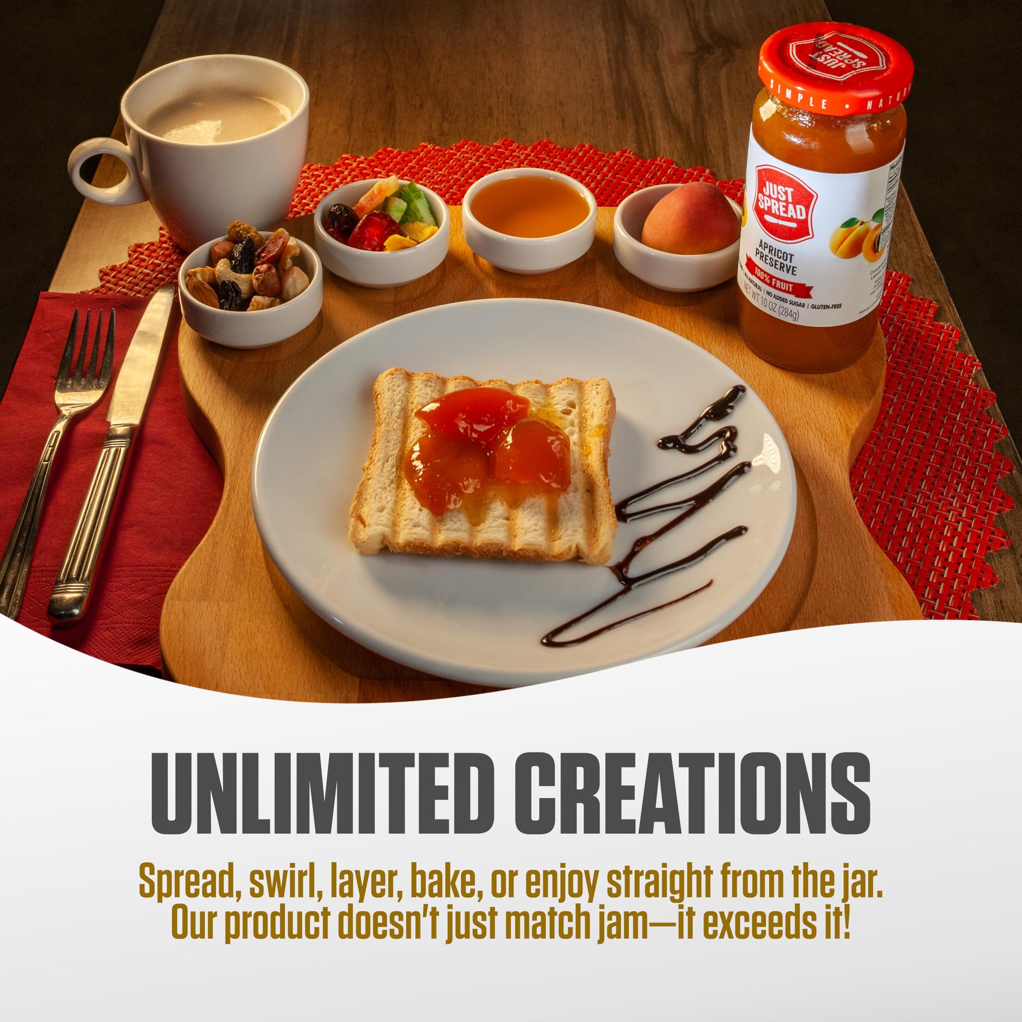Just Spread 100% Fruit Preserve | Made with Real Fruit Pieces & Only 4 Ingredients | Gluten Free, Vegan, Non GMO, No Added Sugar | 10oz Jar (Apricot)