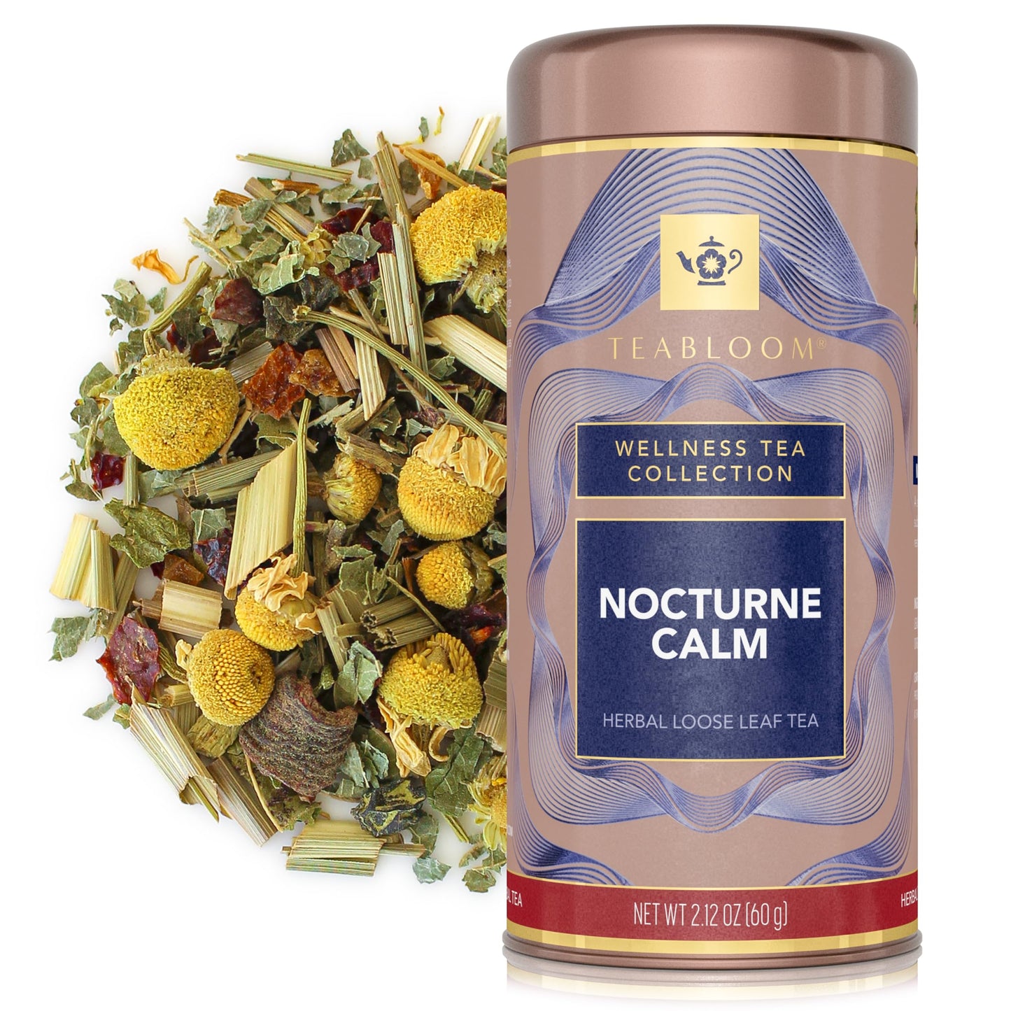 Teabloom Nocturne Calm Loose Leaf Herbal Tea with Chamomile, Citrus & Botanicals | Caffeine-Free Evening Blend | Canister Makes 35-50 Cups |