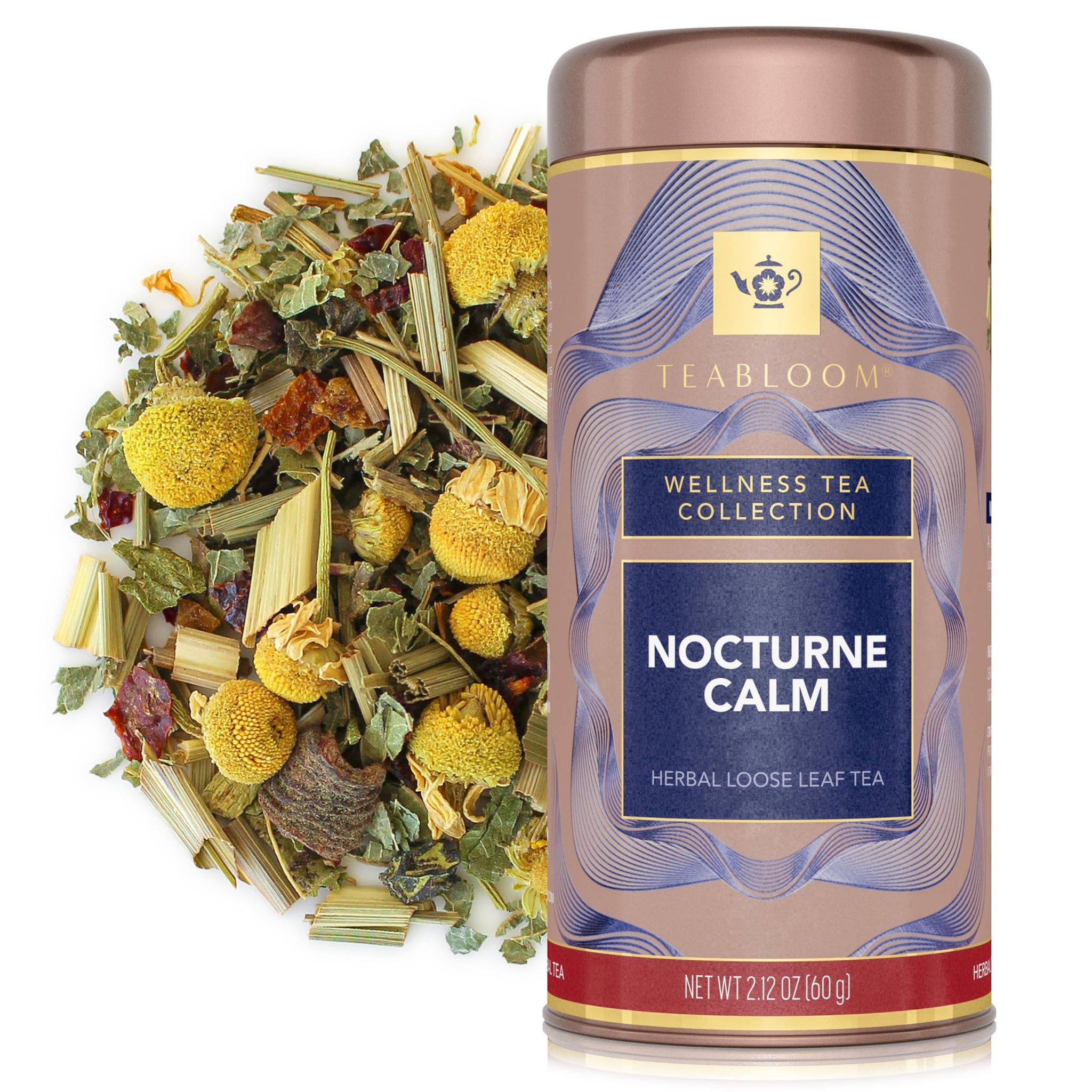 Teabloom Nocturne Calm Loose Leaf Herbal Tea with Chamomile, Citrus & Botanicals | Caffeine-Free Evening Blend | Canister Makes 35-50 Cups |