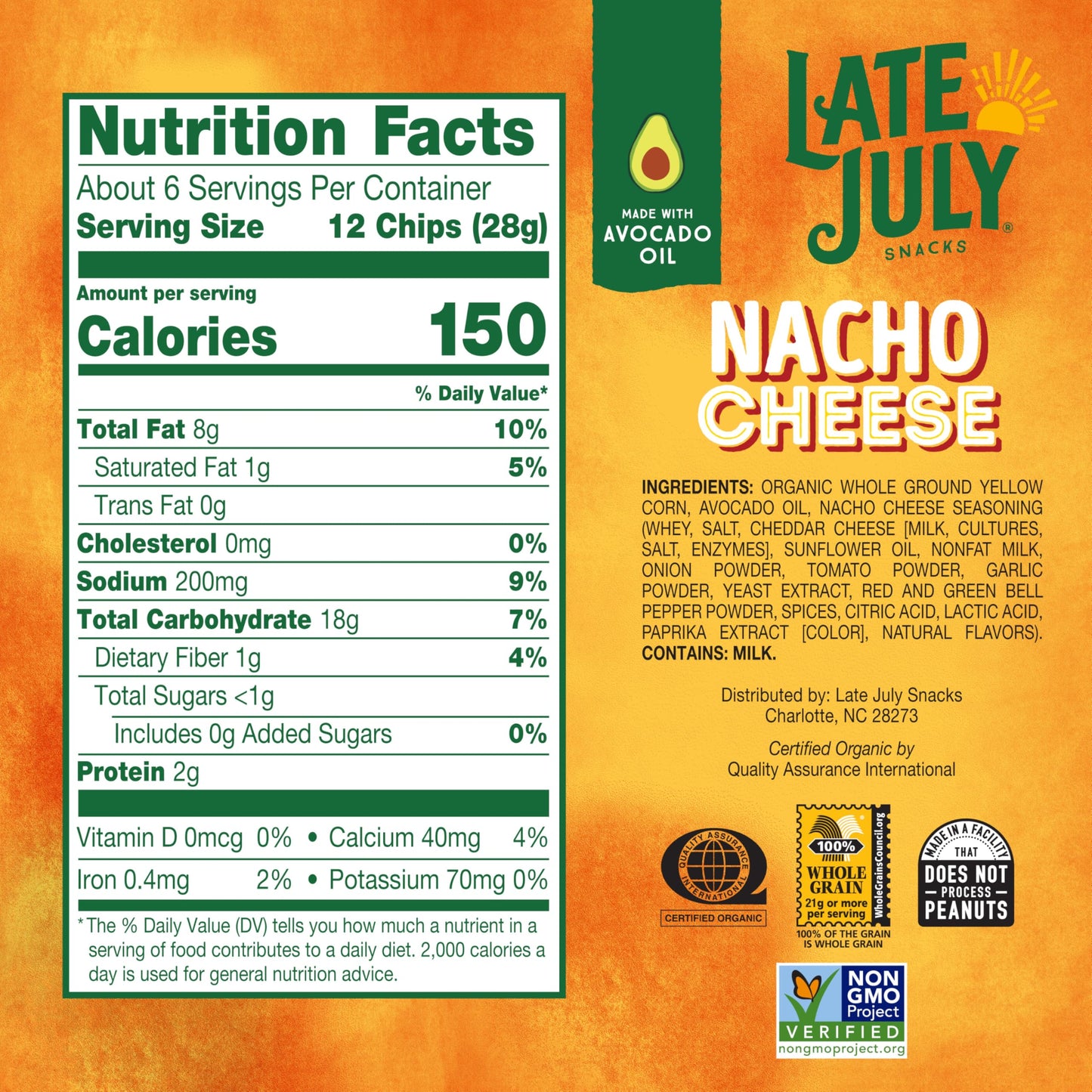LATE JULY Snacks Nacho Cheese Tortilla Chips, 6 Oz Bag