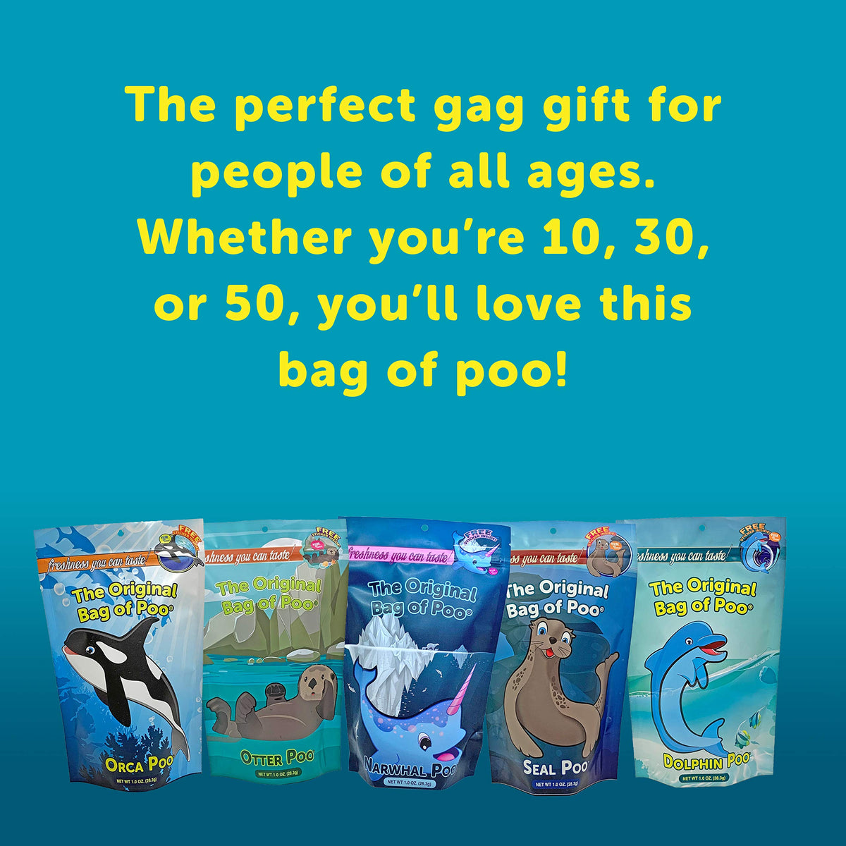 The Original Bag of Poo®, Dolphin Poo (Blueberry Flavor Cotton Candy) Novelty Poop Gag Gift. Free sticker inside.
