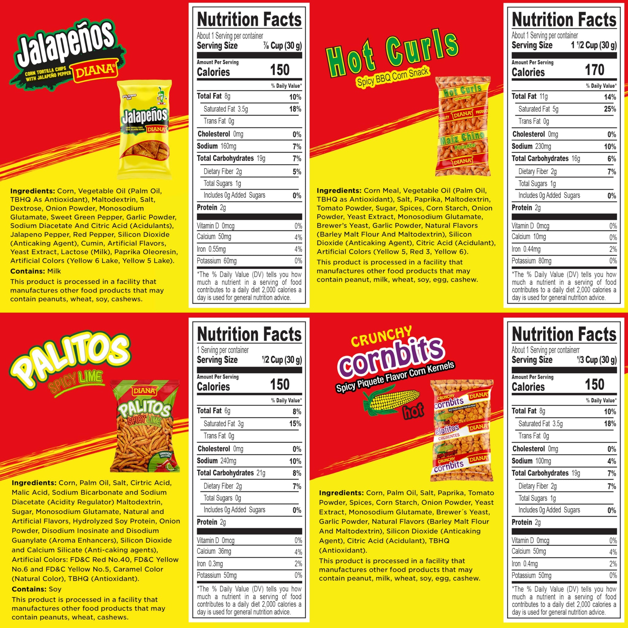 Diana Mild Spicy Snack Variety Pack, Hot Curls, Jalapeños, Spicy Cornbits and Chili Limon Palitos, 18 Bags, 18 Oz