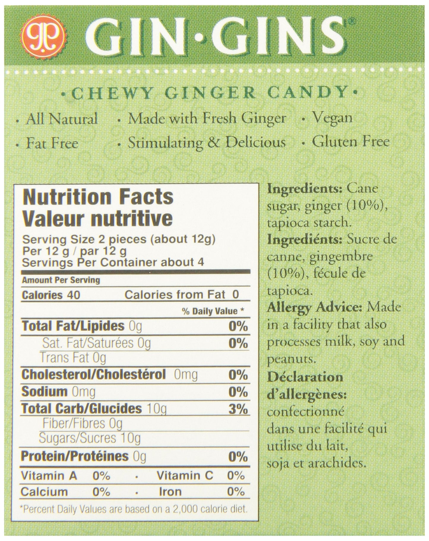 GIN GINS Original Ginger Chews by The Ginger People - Individually Wrapped Healthy Candy - 1.6 oz Bags - Pack of 12