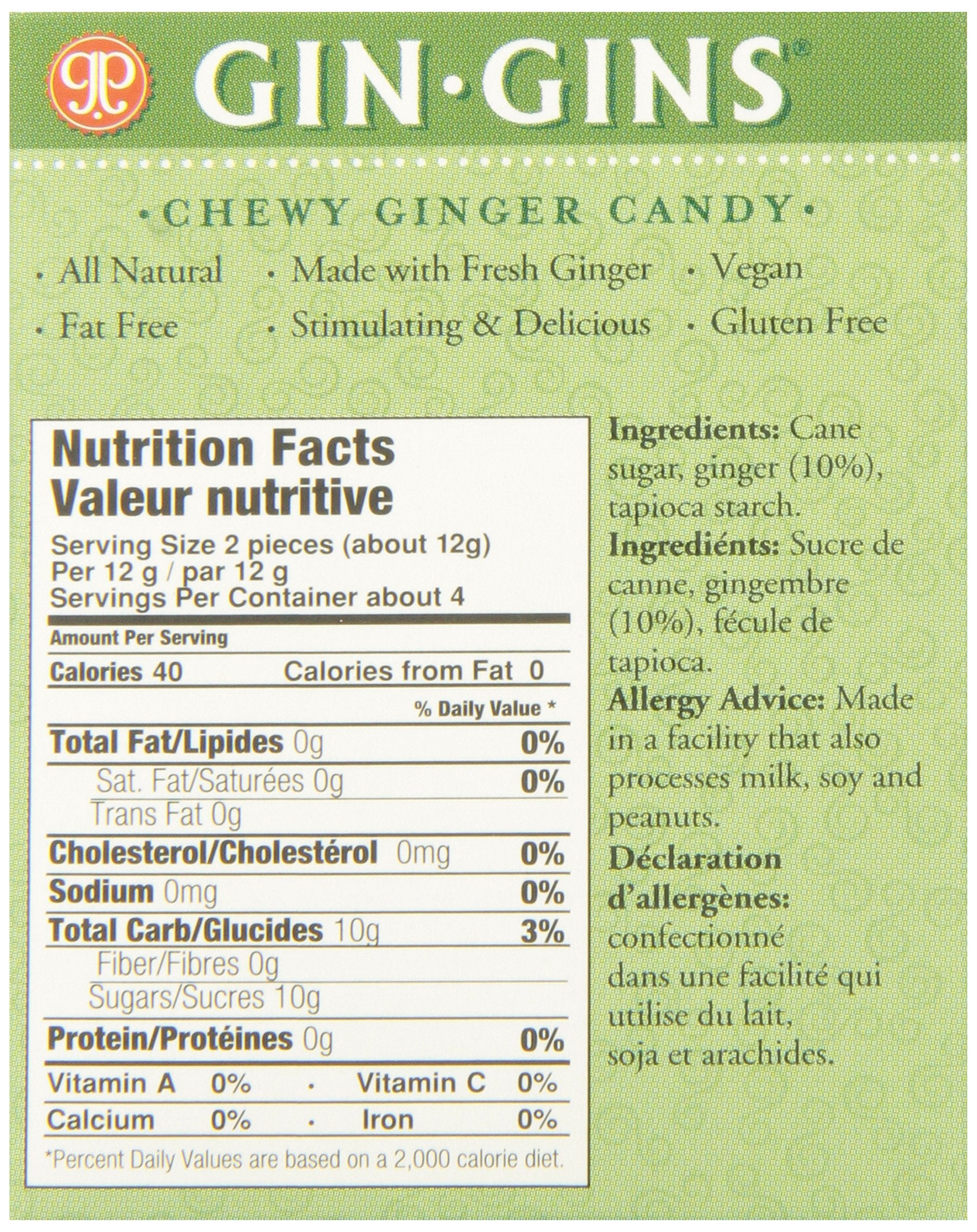 GIN GINS Original Ginger Chews by The Ginger People - Individually Wrapped Healthy Candy - 1.6 oz Bags - Pack of 12