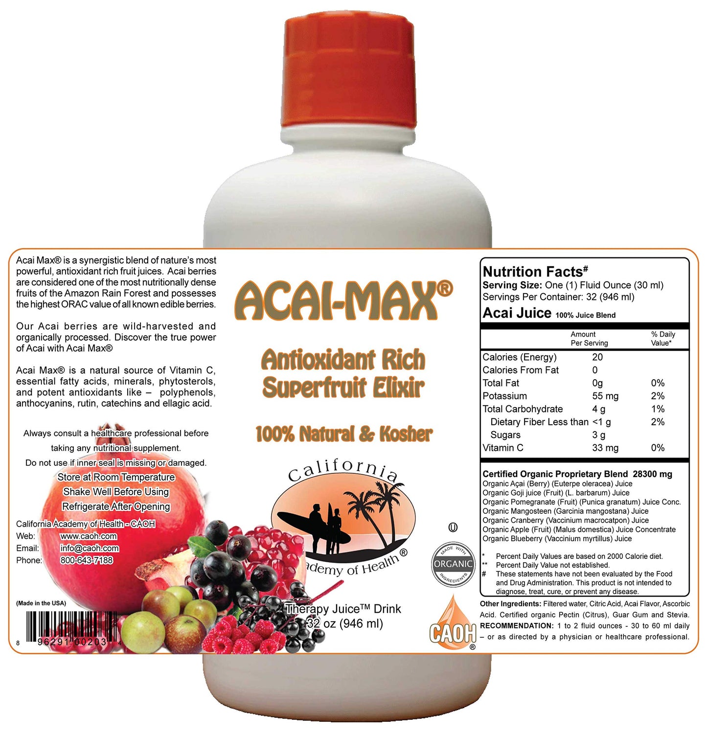 Acai Max - A Healthy Organic Acai Juice Blend From CAOH (1-32 oz Bottle)