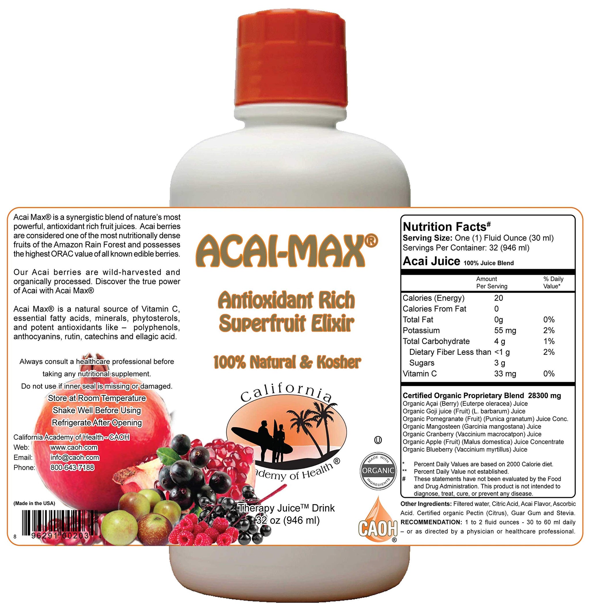 Acai Max - A Healthy Organic Acai Juice Blend From CAOH (1-32 oz Bottle)