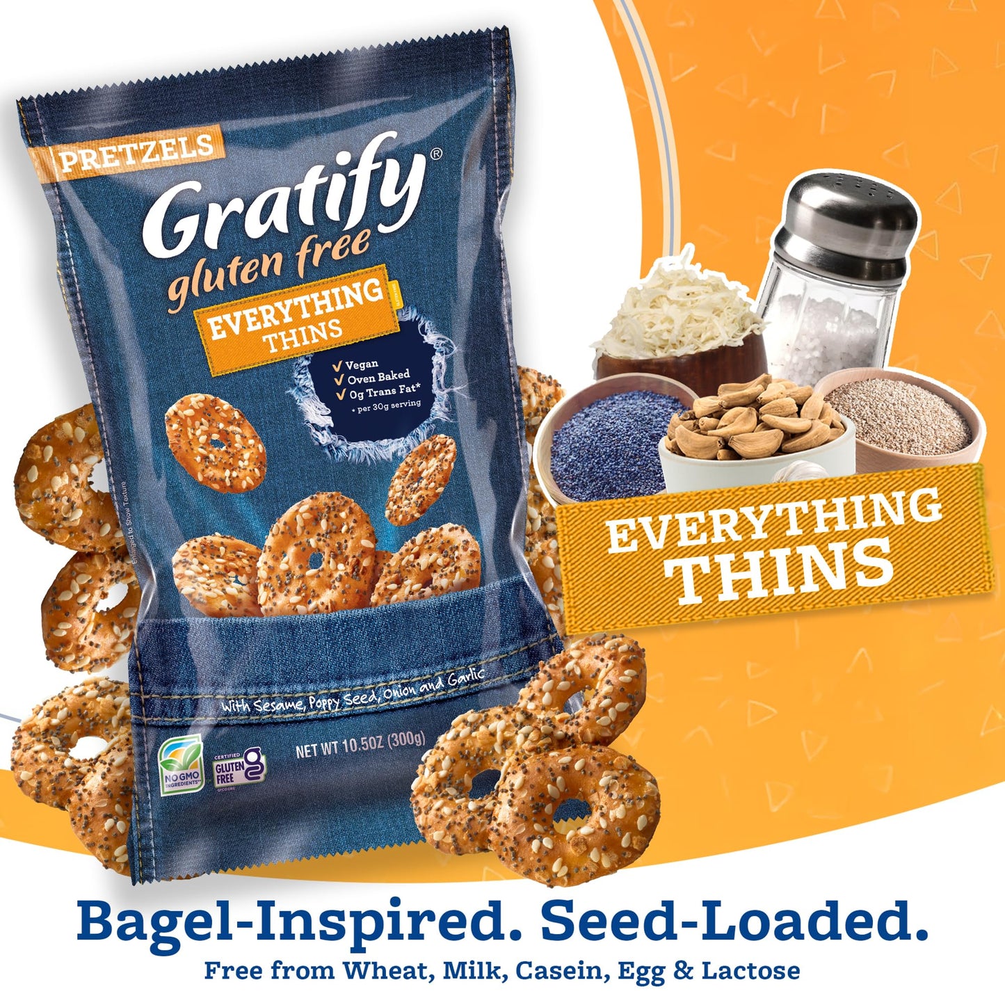 Osem Gratify Gluten Free Everything Thins - Gratify Gluten Free Pretzel Crisps, GF Party Snack Bags, Thins with Onion & Garlic Seasoning - 10.5 oz Bag