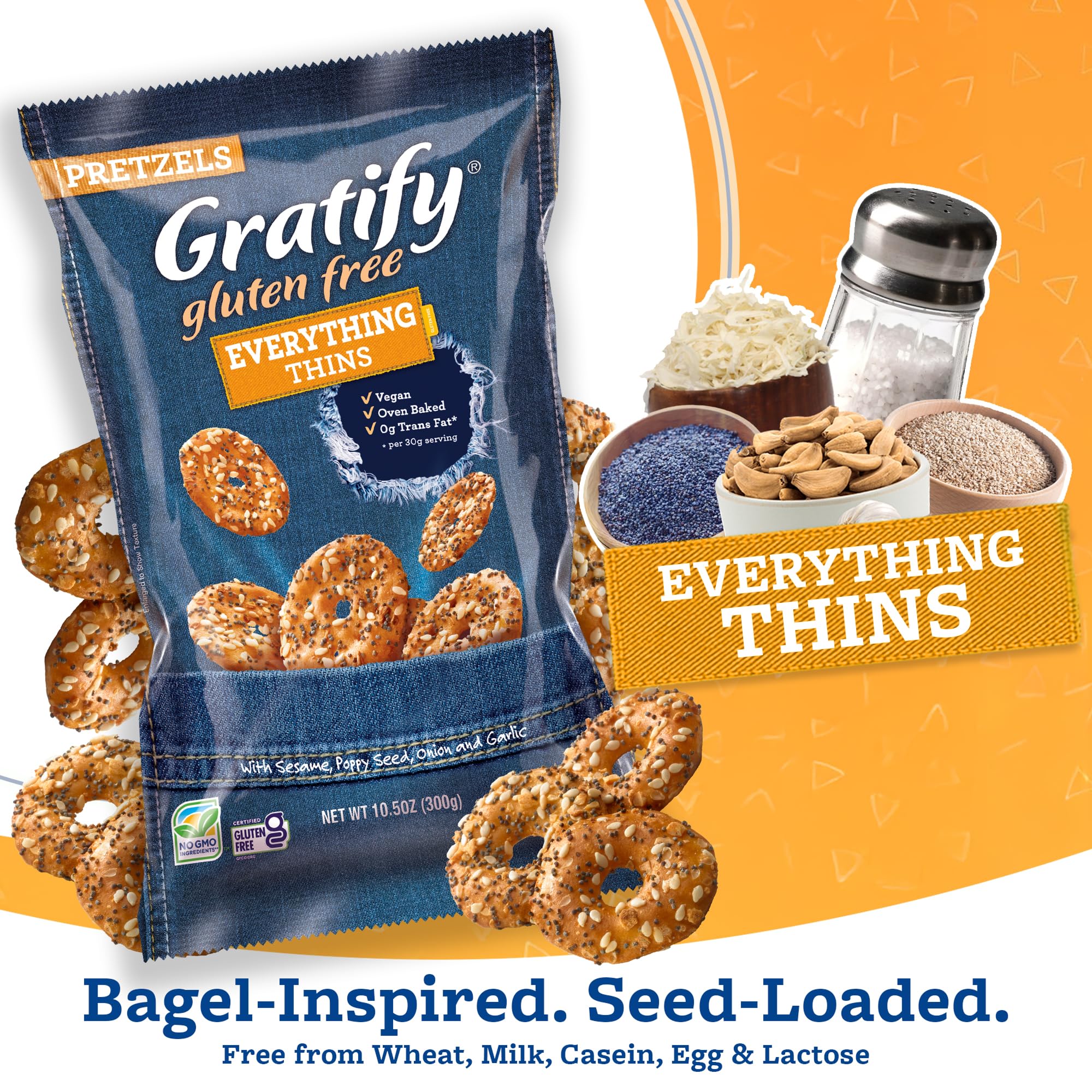 Osem Gratify Gluten Free Everything Thins - Gratify Gluten Free Pretzel Crisps, GF Party Snack Bags, Thins with Onion & Garlic Seasoning - 10.5 oz Bag