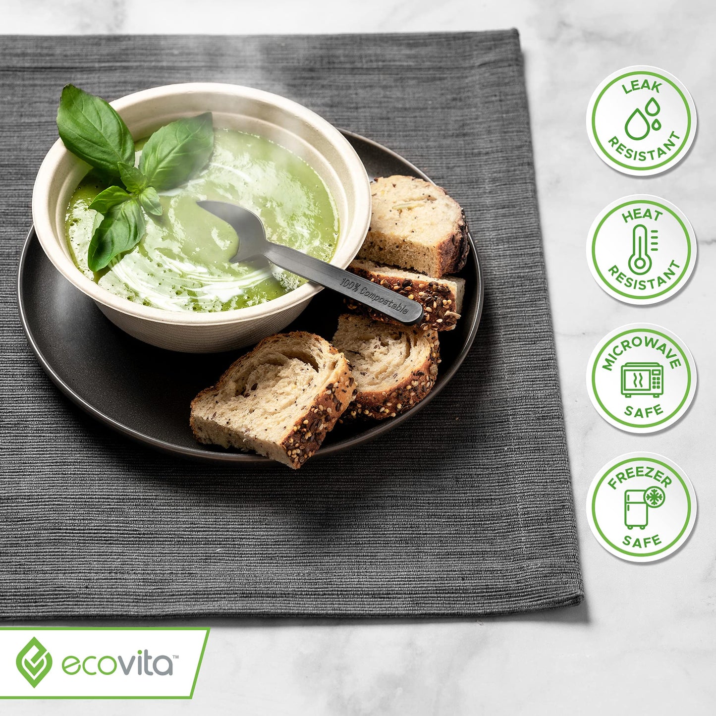 Ecovita 100% Compostable Paper Bowls [16 oz.] - 150 Disposable Bowls Eco Friendly Sturdy Tree Free Liquid and Heat Resistant Alternative to Plastic or