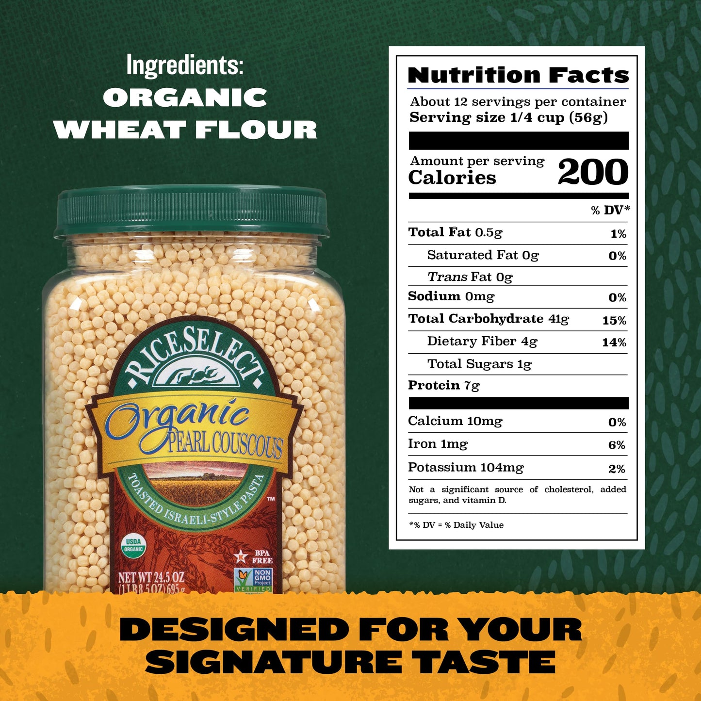 RiceSelect Organic Pearl Couscous, Premium Israeli-Style Wheat Couscous Pasta, Non-GMO, Kosher, 24.5oz Jar (Pack of 1)