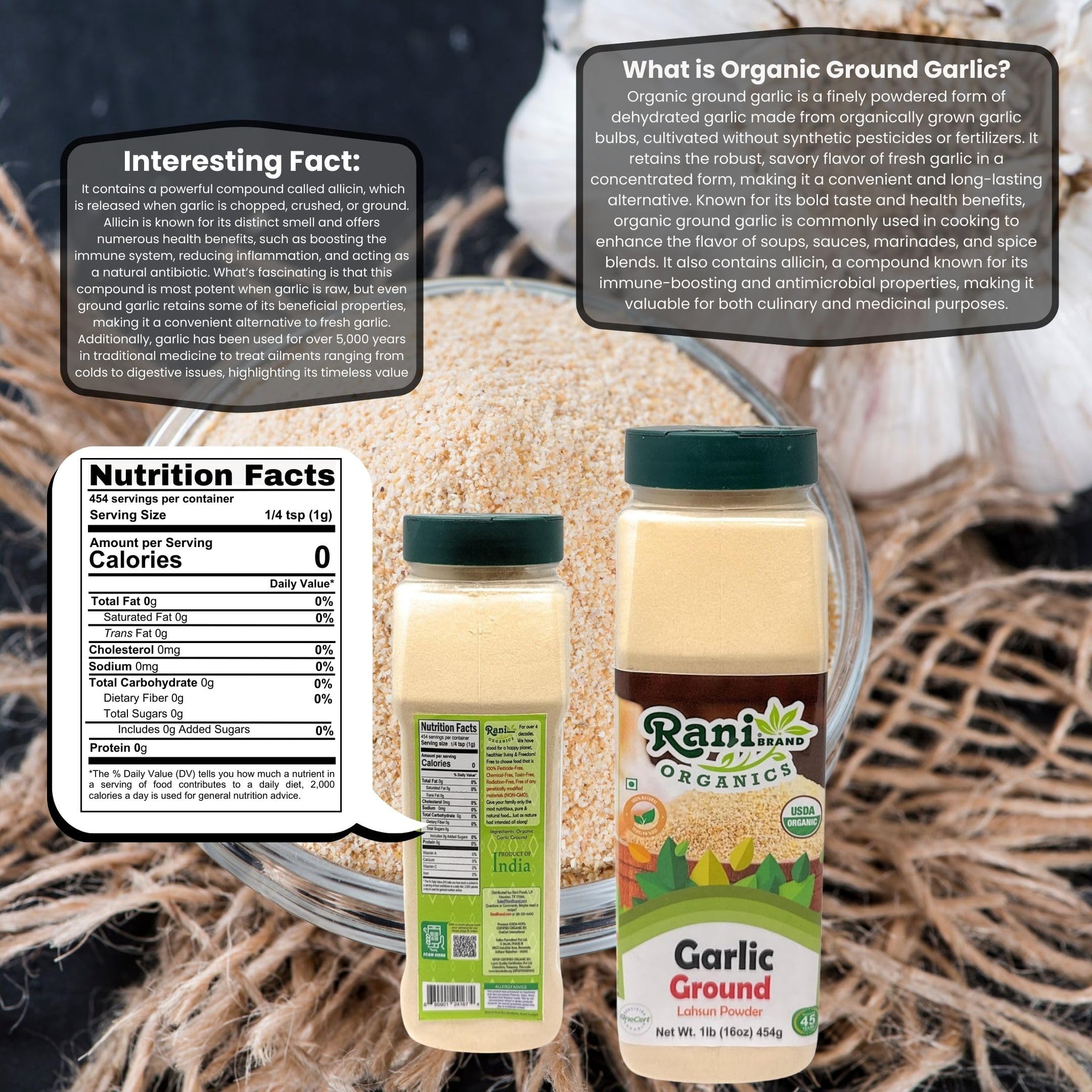 Rani Organic Ground Garlic (Lahsun Powder) 16oz (1lb) 454g PET Jar ~ All Natural | Gluten Friendly | Vegan | NON-GMO | Kosher | No Salt or fillers |