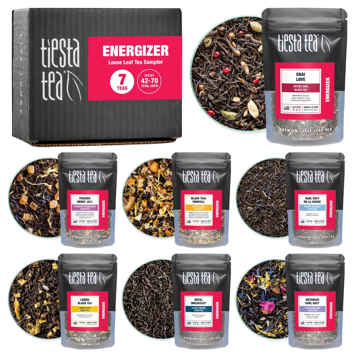 Tiesta Tea - Black Sampler Dry Flight Set, Loose Leaf, High Caffeine, Makes Hot & Iced, Assorted Tea Sets with Herbal, Chai, Fruit Black Teas & More