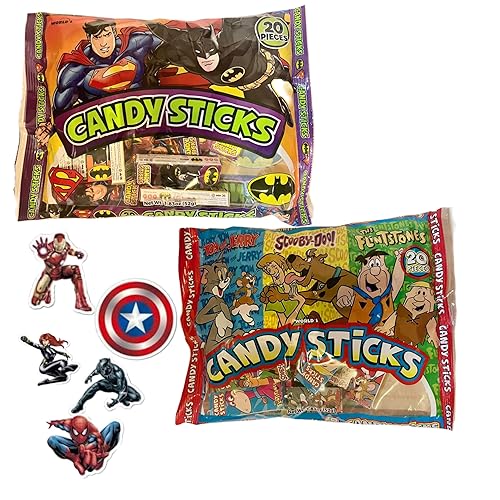 Candy Sticks Variety Pack Comix & Superheros Characters | Individually Boxed 40 Count | Classroom Gifts, Party Favors, Halloween, Birthdays | Stickers