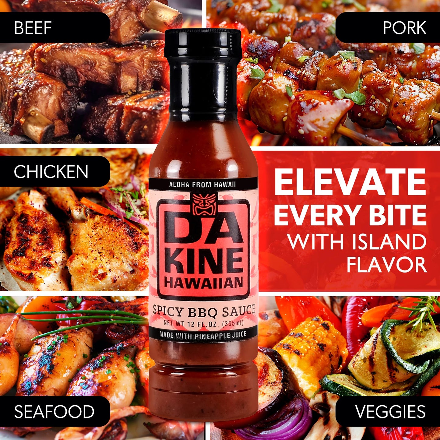 Da Kine Hawaiian Spicy BBQ Sauce - Sweet & Tangy Island Flavor - Made with Pineapple Juice - Gourmet Barbecue Sauce for Grilling, Marinades, Dipping