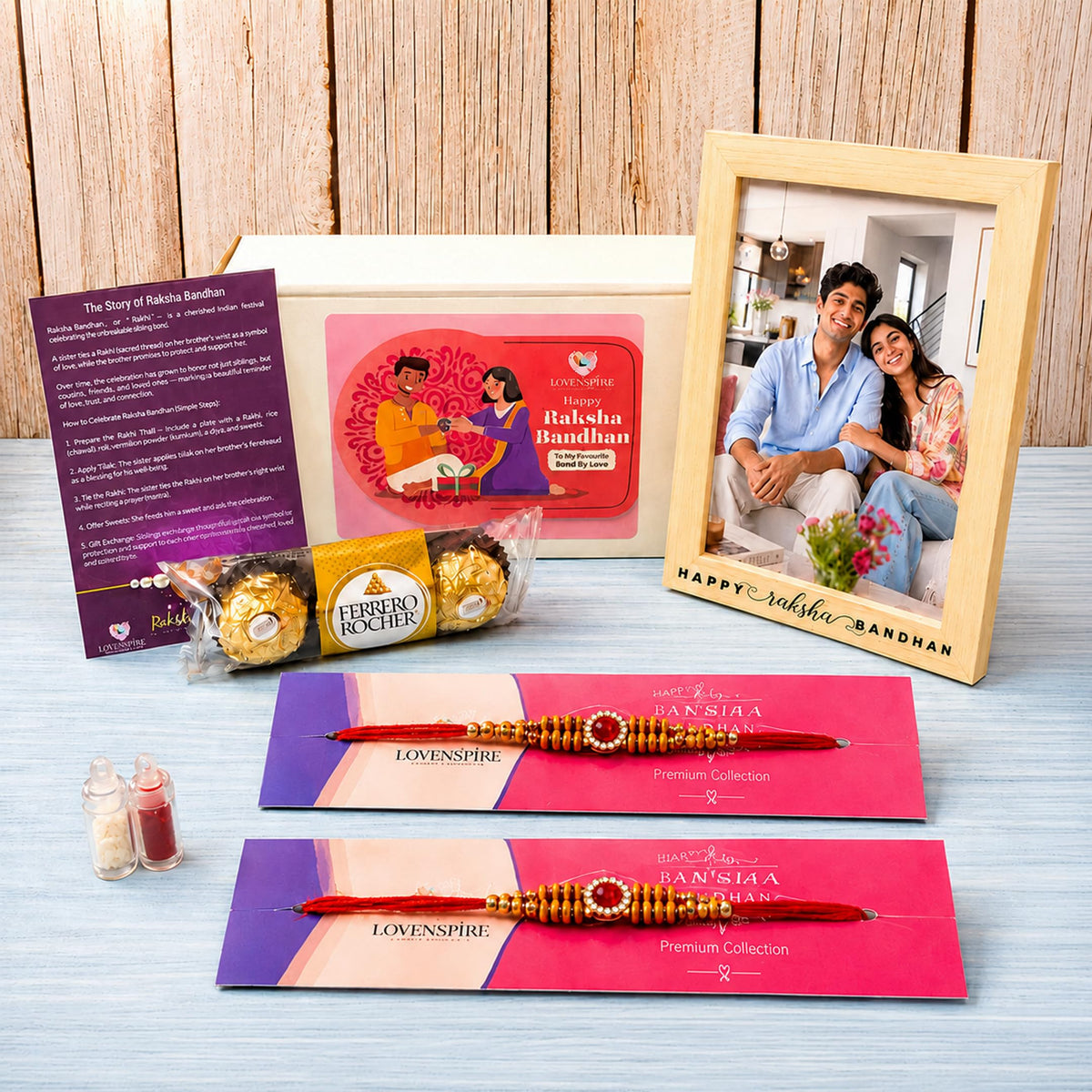 LOVENSPIRE Designer Rakhi Gift Hamper for Brother & Bhabhi - Adjustable Rakhi Bracelet with Customizable Photo Frame, Chocolates, Roli Chawal & Card