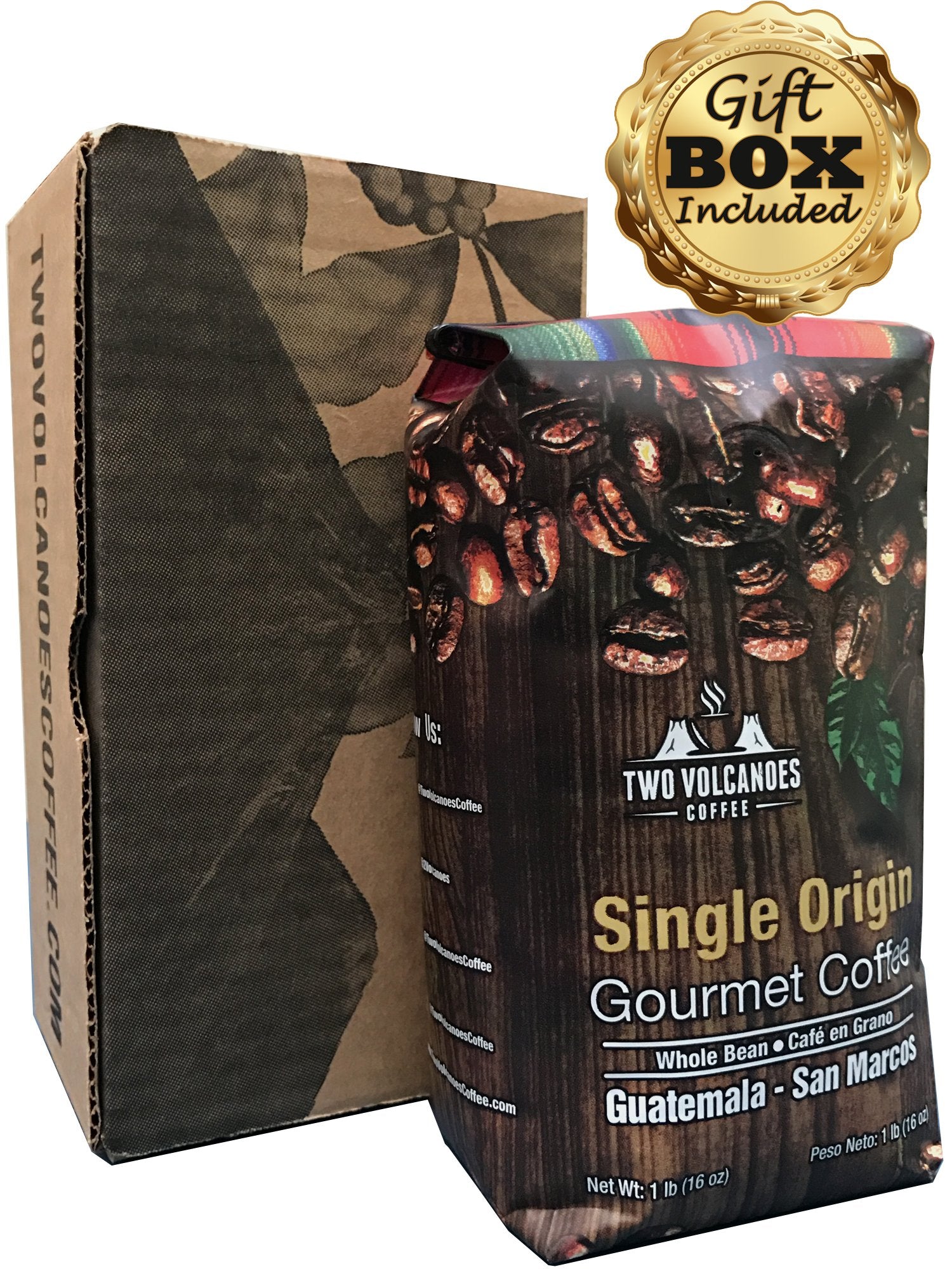 Two Volcanoes Coffee - Gourmet Guatemala Whole Bean Medium Roast Single-Origin Coffee. 1 lb
