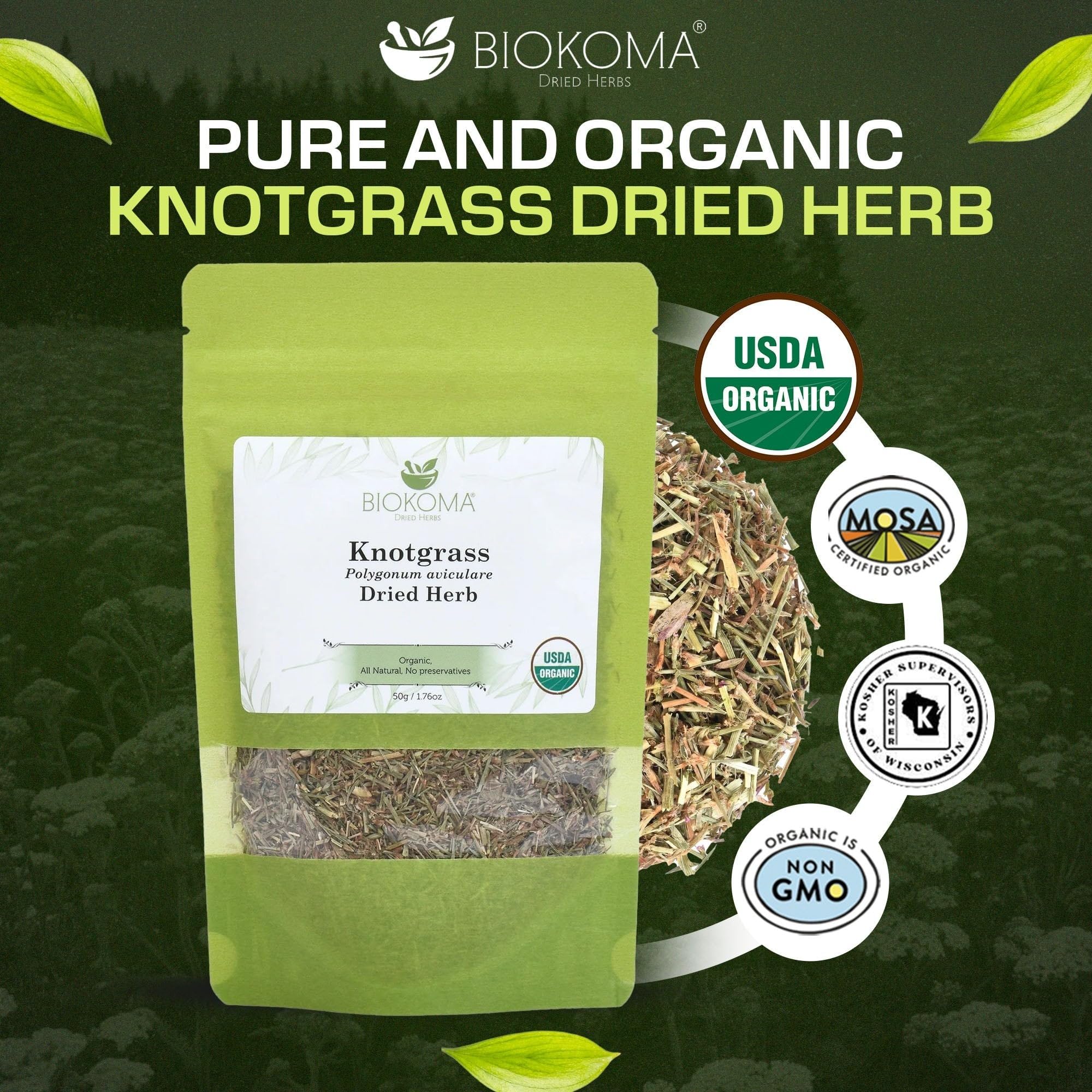 Biokoma Organic Knotgrass Dried Herb 50g 1.76oz Polygonum Aviculare USDA Organic Herbal Tea Urinary Respiratory Digestive Health Resealable Moisture