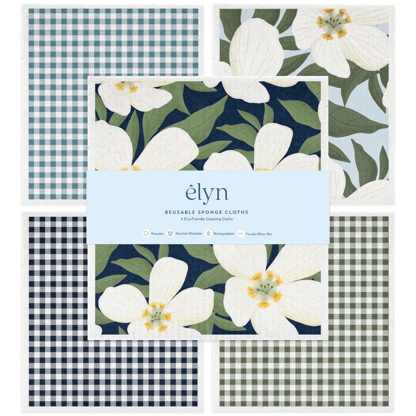 ELYN Swedish Dishcloths, Reusable & Washable Sponge Cloths, Absorbent Cleaning Paper Towels for Kitchen, Dishes, Counters and More, 5 Pack, Assorted