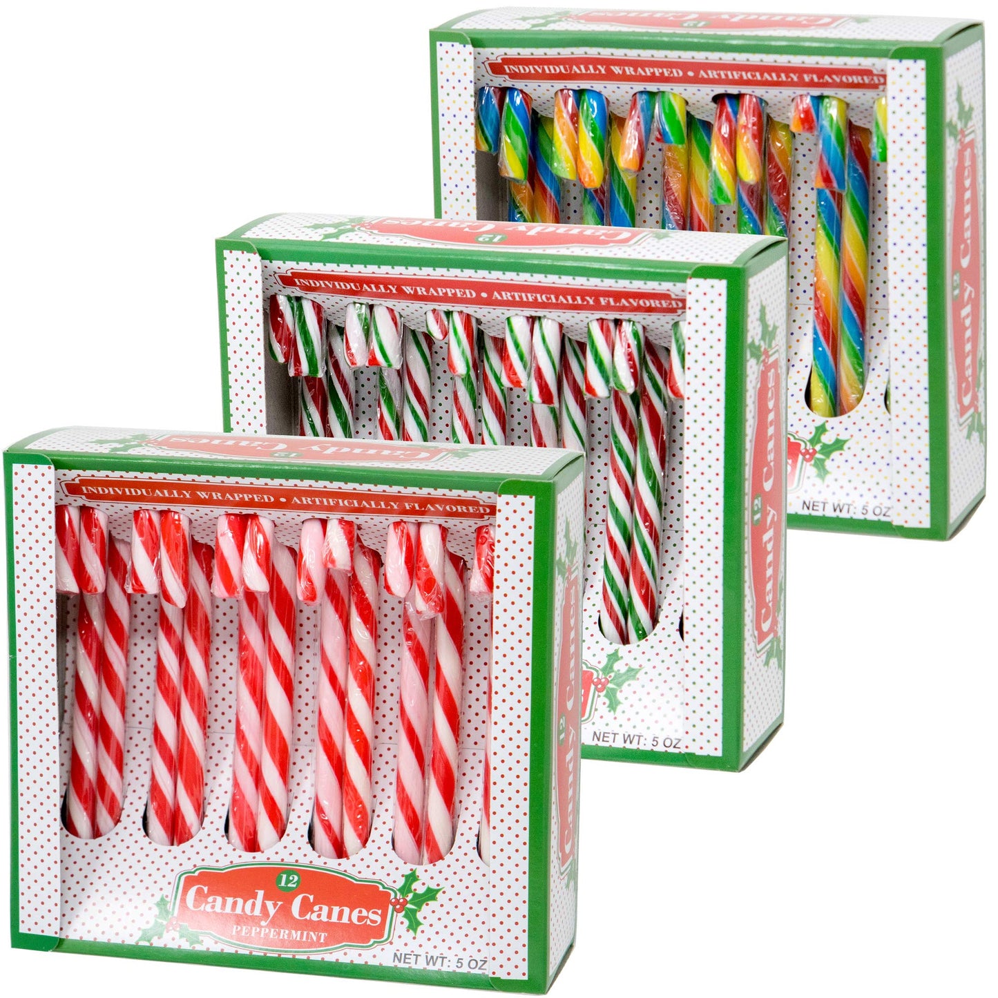 Candy Cane Peppermint Red, Green, White & Rainbow Cherry Gift Set | 12 Pieces in Each Box - Pack of 3 - 36 Total Count | Individually Wrapped |