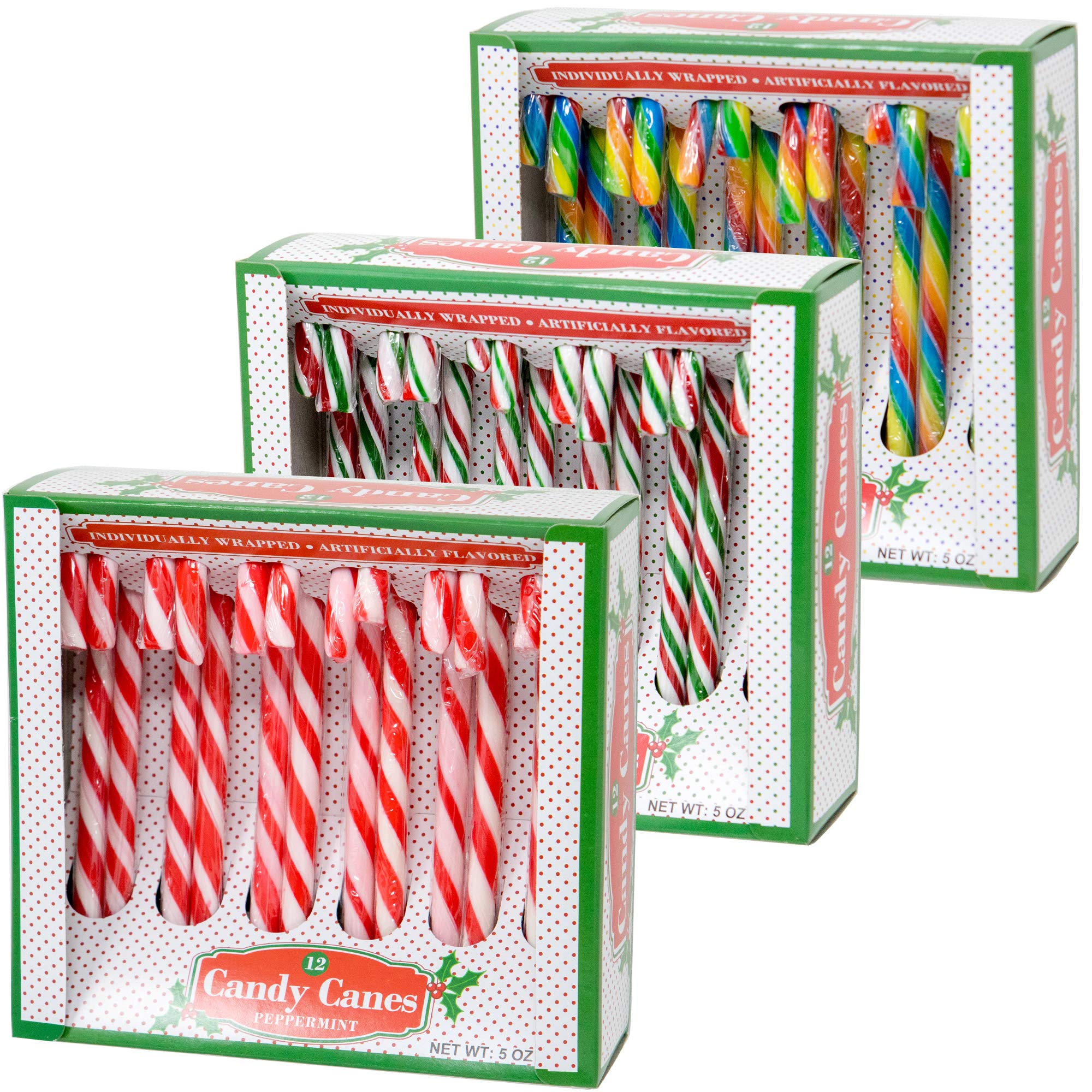 Candy Cane Peppermint Red, Green, White & Rainbow Cherry Gift Set | 12 Pieces in Each Box - Pack of 3 - 36 Total Count | Individually Wrapped |