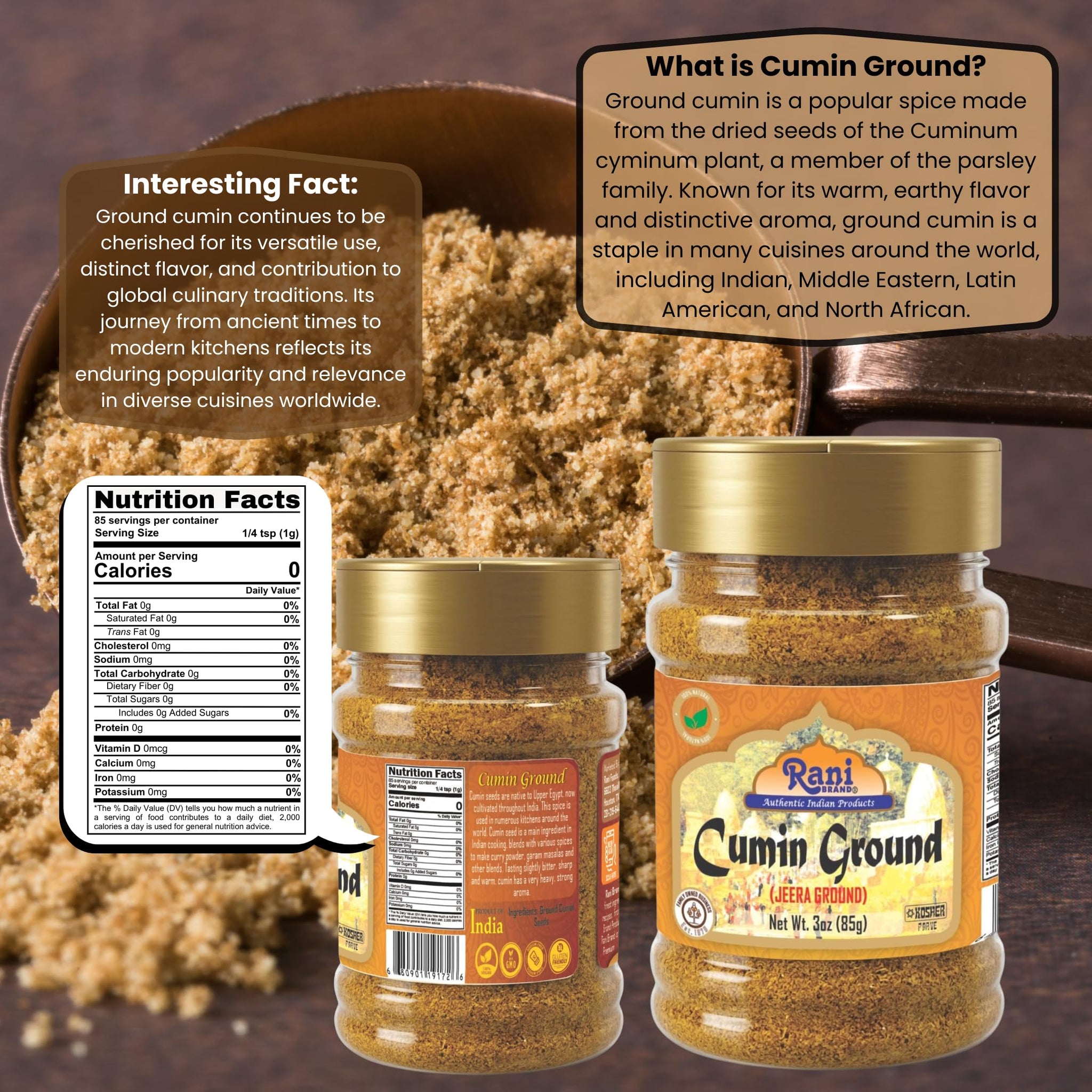 Rani Cumin (Jeera) Powder Spice 3oz (85g) PET Jar ~ All Natural | Vegan | Gluten Friendly | NON-GMO | Kosher | Indian Origin