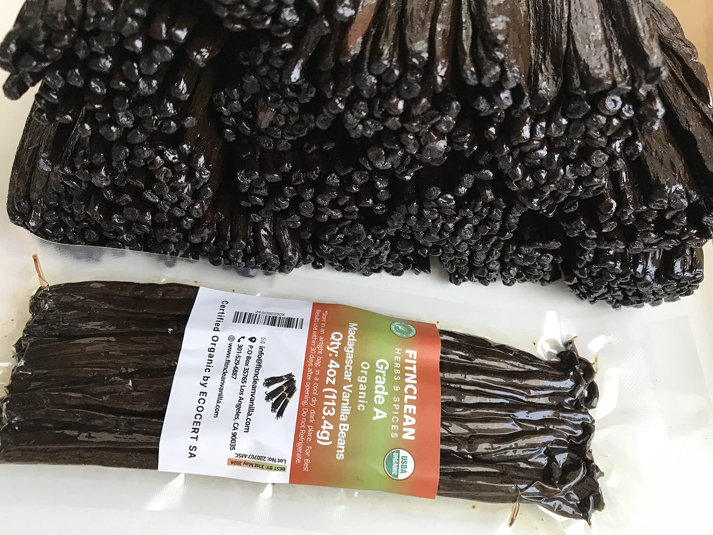 4oz Organic Madagascar Vanilla Beans Grade A. Certified USDA Organic. 6"-8" by FITNCLEAN VANILLA. Bulk for Extract, Cooking and Baking by the Weight