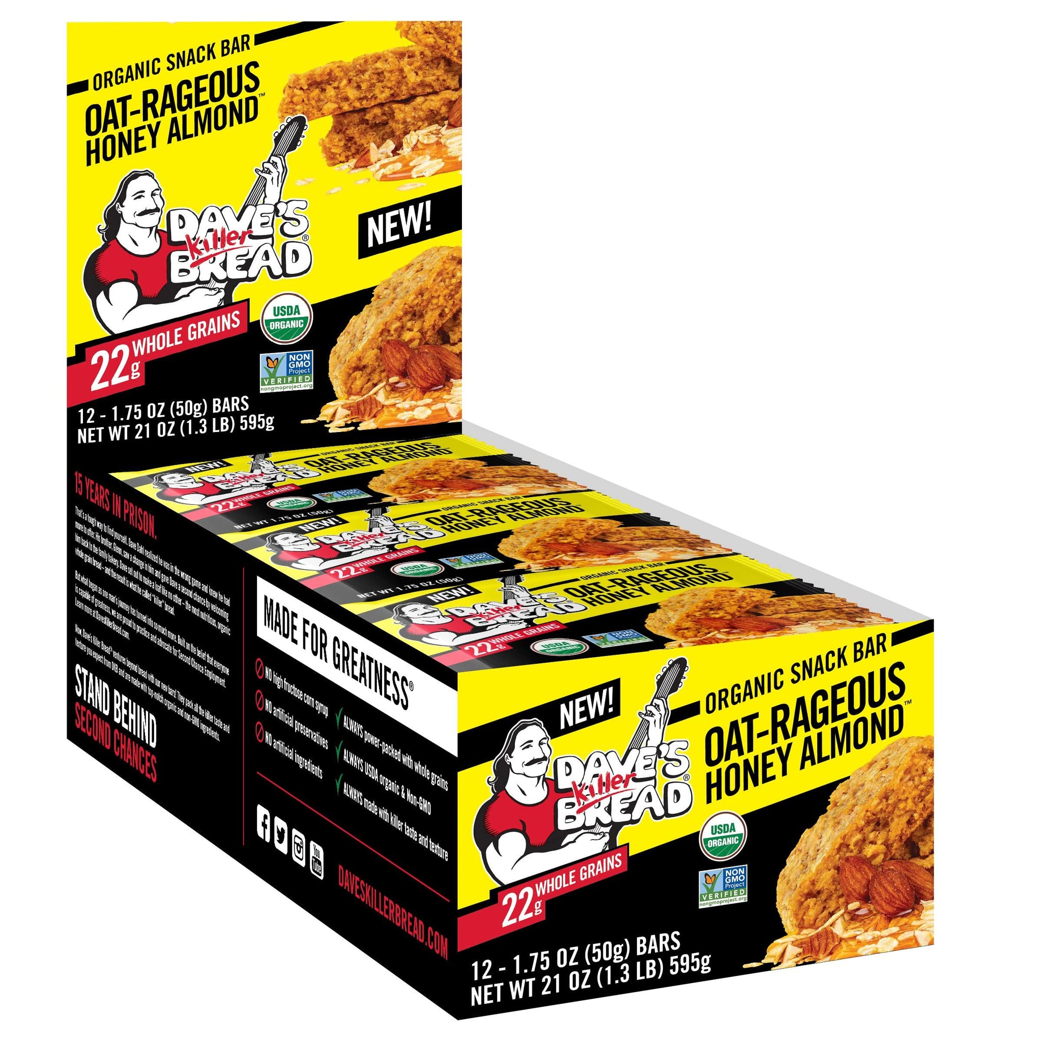 Dave's Killer Bread Oat-Rageous Honey Almond Organic Snack Bars, 12 Individually Wrapped Snack Bars (Pack of 1)