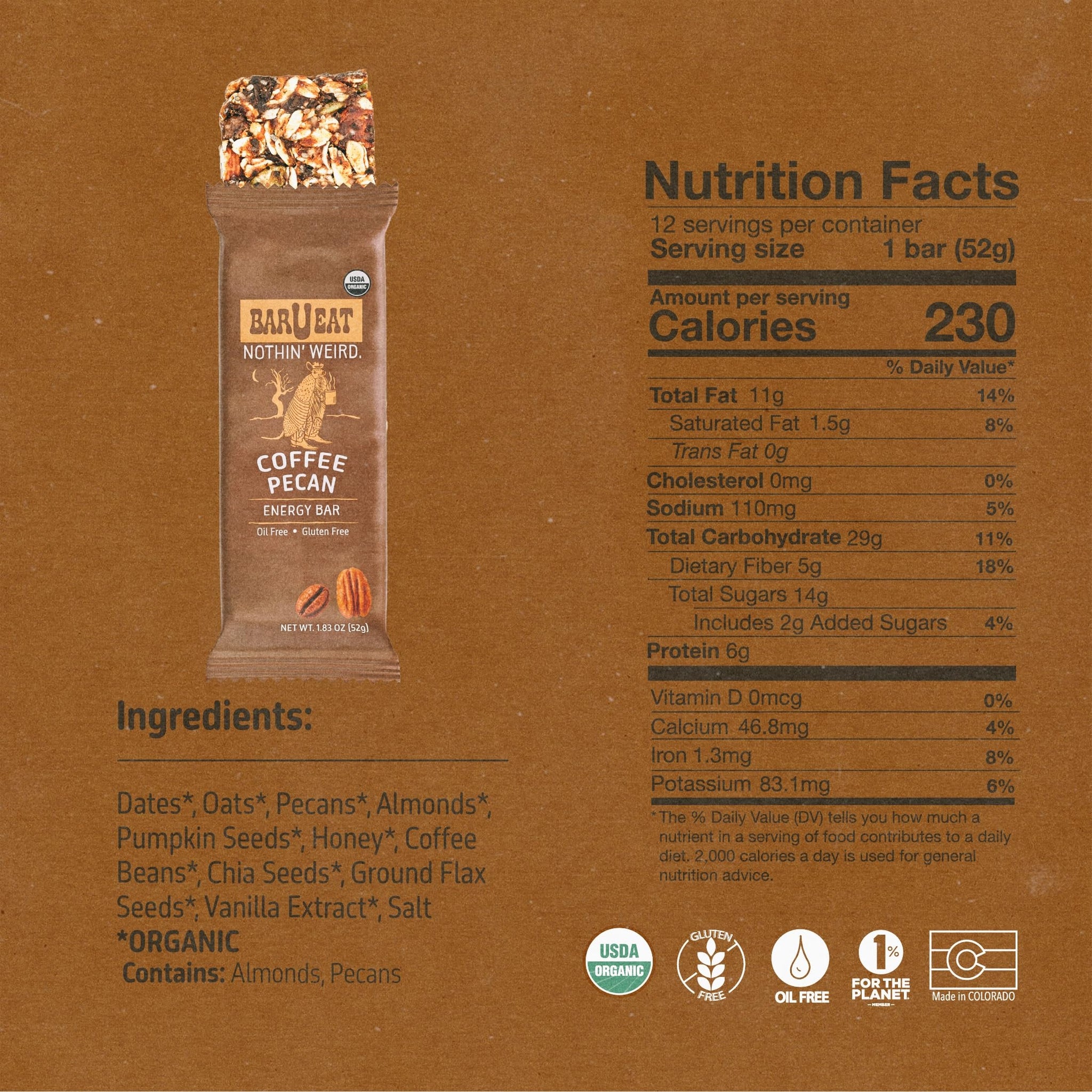 BAR U EAT Gluten-Free, High Fiber, Energy Bar. Real Food Ingredients | Oil Free | Organic | No Artificial Sugar | Healthy Snacks (Coffee Pecan 12