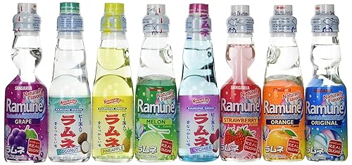 Ramune Japanese Marble Soft Drink Mix Variety 8 Flavors 8 Bottles by Hata Shanderia
