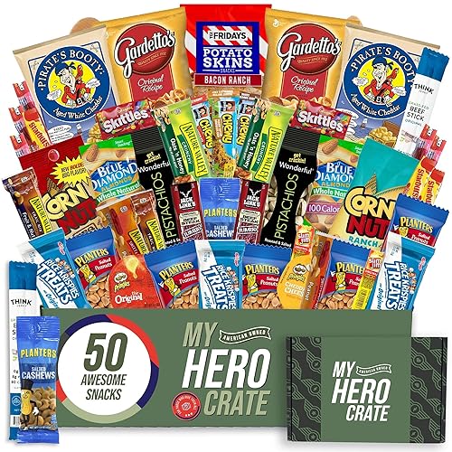 Military Men's Hearty Snack Box (50 Piece Variety Gift Basket Care Package) Jerky, Nuts, Chips, Pretzels, Variety Pack - My College Crate