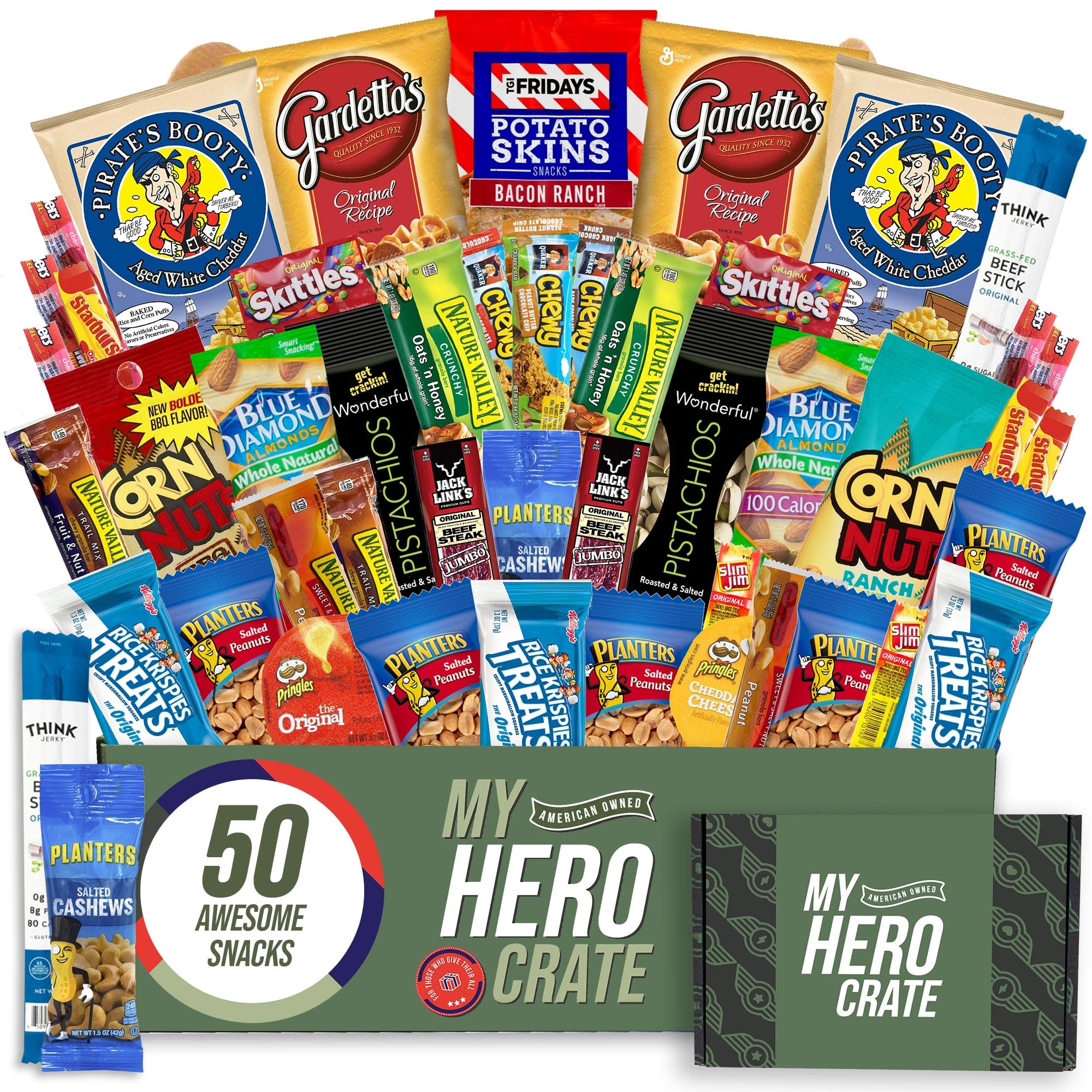 Military Men's Hearty Snack Box (50 Piece Variety Gift Basket Care Package) Jerky, Nuts, Chips, Pretzels, Variety Pack - My College Crate