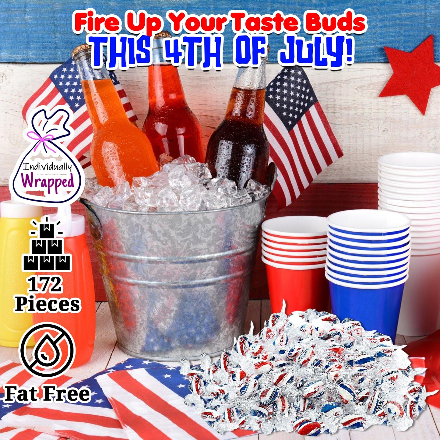 Fun Express Patriotic Red White Blue Peppermint Candy Bulk 2 Lb - 172 Individually Wrapped Mints for 4th of July Party Favors | Memorial Day Veterans