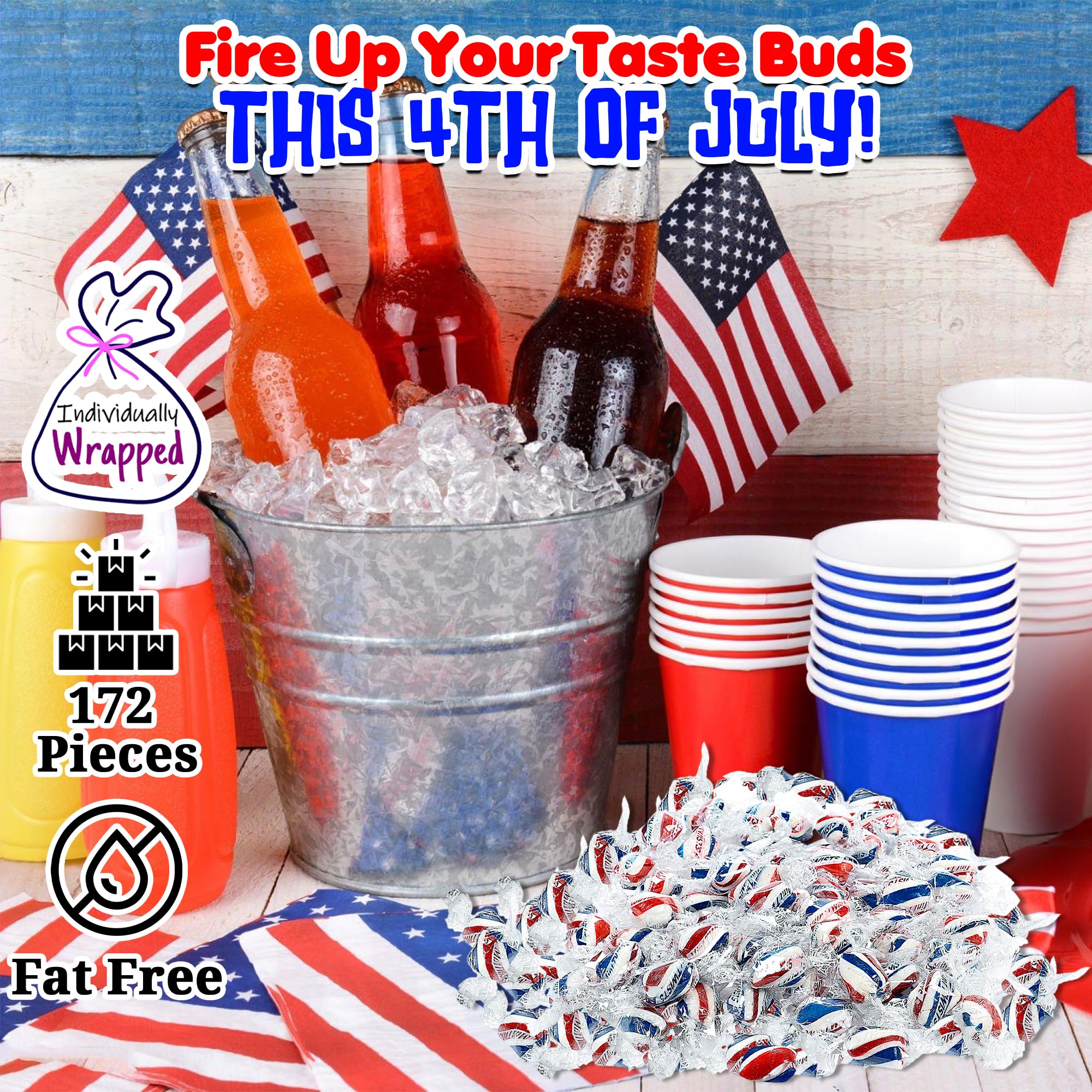 Fun Express Patriotic Red White Blue Peppermint Candy Bulk 2 Lb - 172 Individually Wrapped Mints for 4th of July Party Favors | Memorial Day Veterans