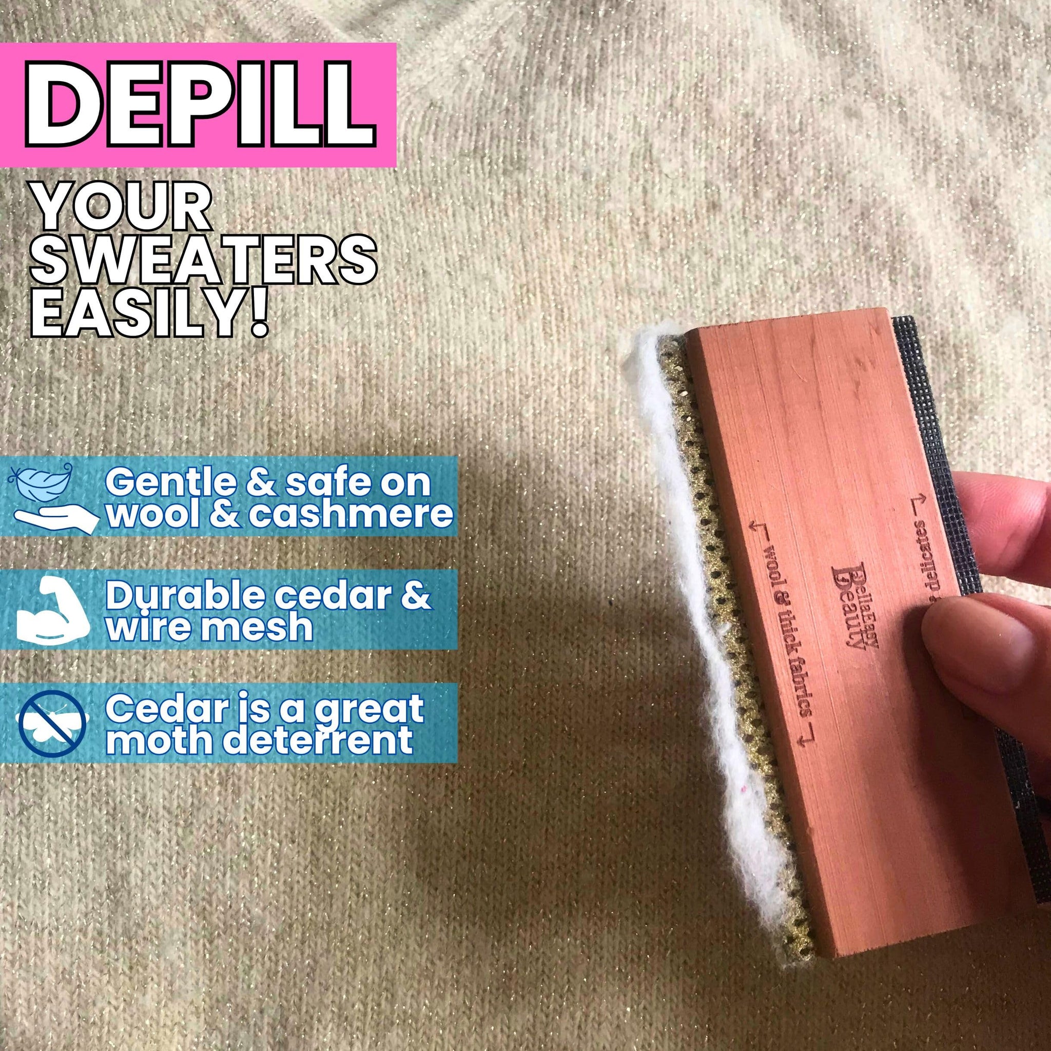 Cashmere Comb for De-Pilling Sweaters - Remove Pills, Lint, and Fuzz from Wool Garments - Dual-Sided Fabric Comb with Cedar Wood Handle