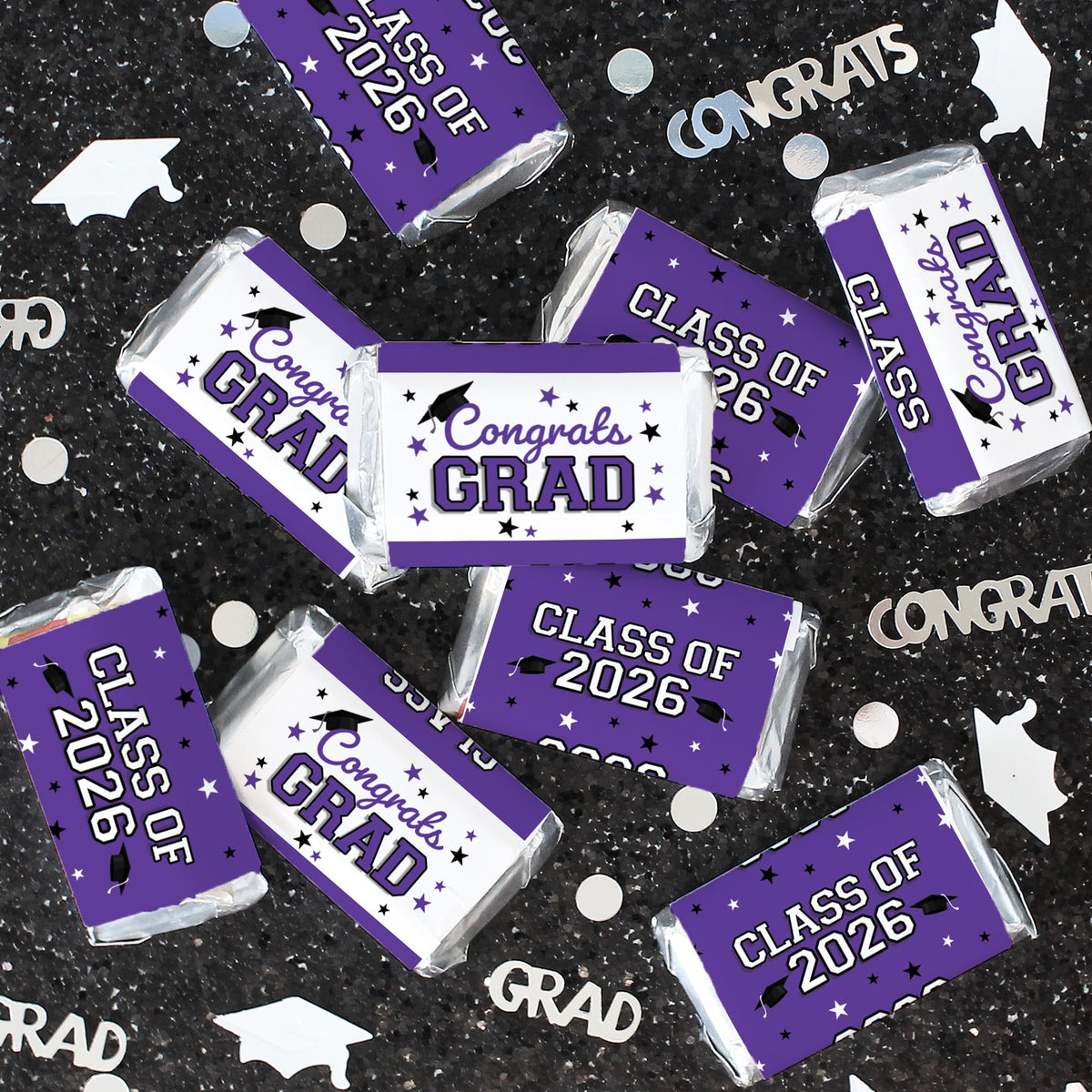Purple Class of 2026 Graduation Mini Candy Bar Wrappers, 42 Count